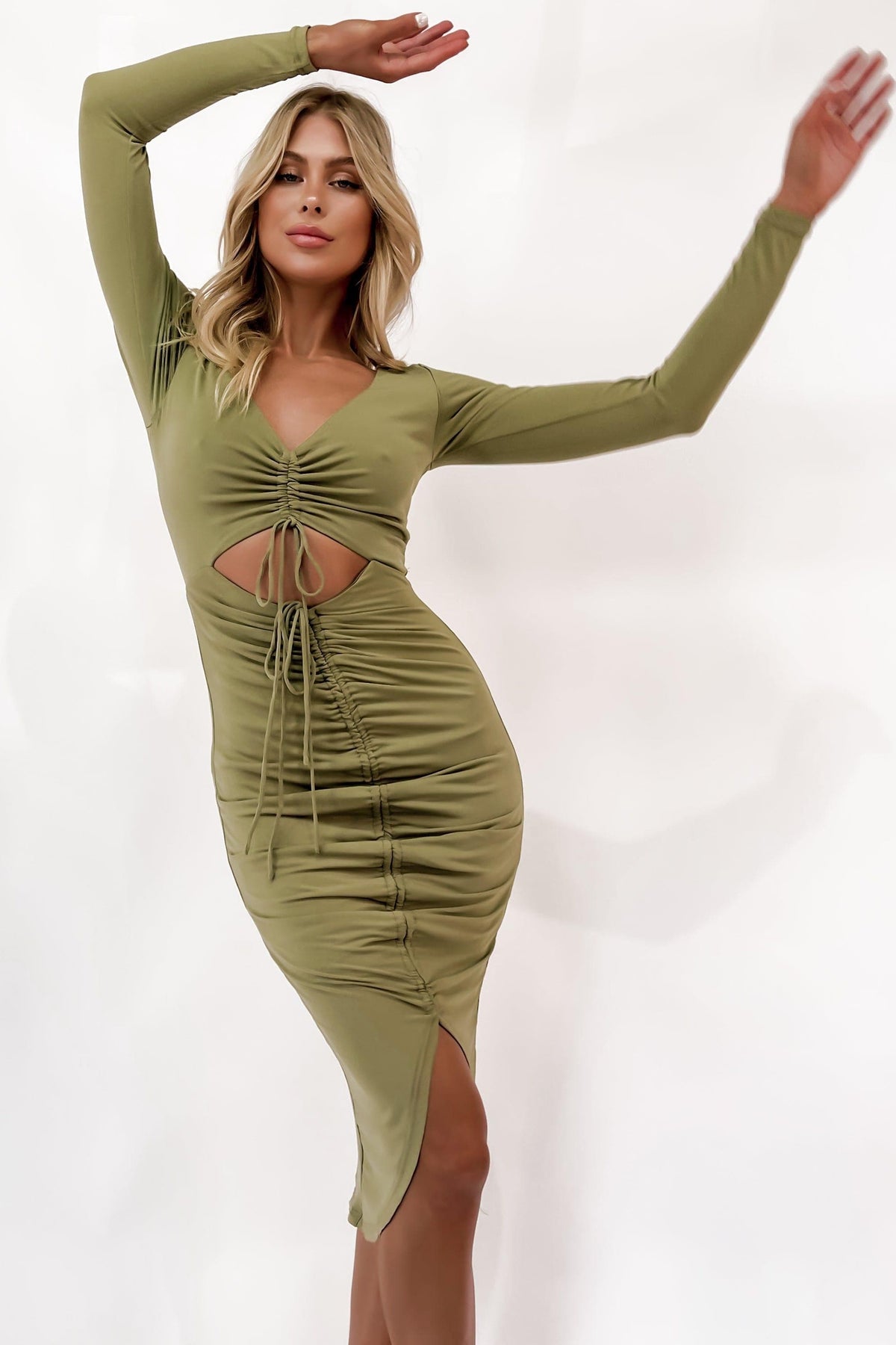 Desima Dress, BODYCON, CUT OUT, DRESS, DRESSES, GATHERED, GREEN, LONG SLEEVE, MIDI DRESS, POLYESTER, SPANDEX, , -MISHKAH