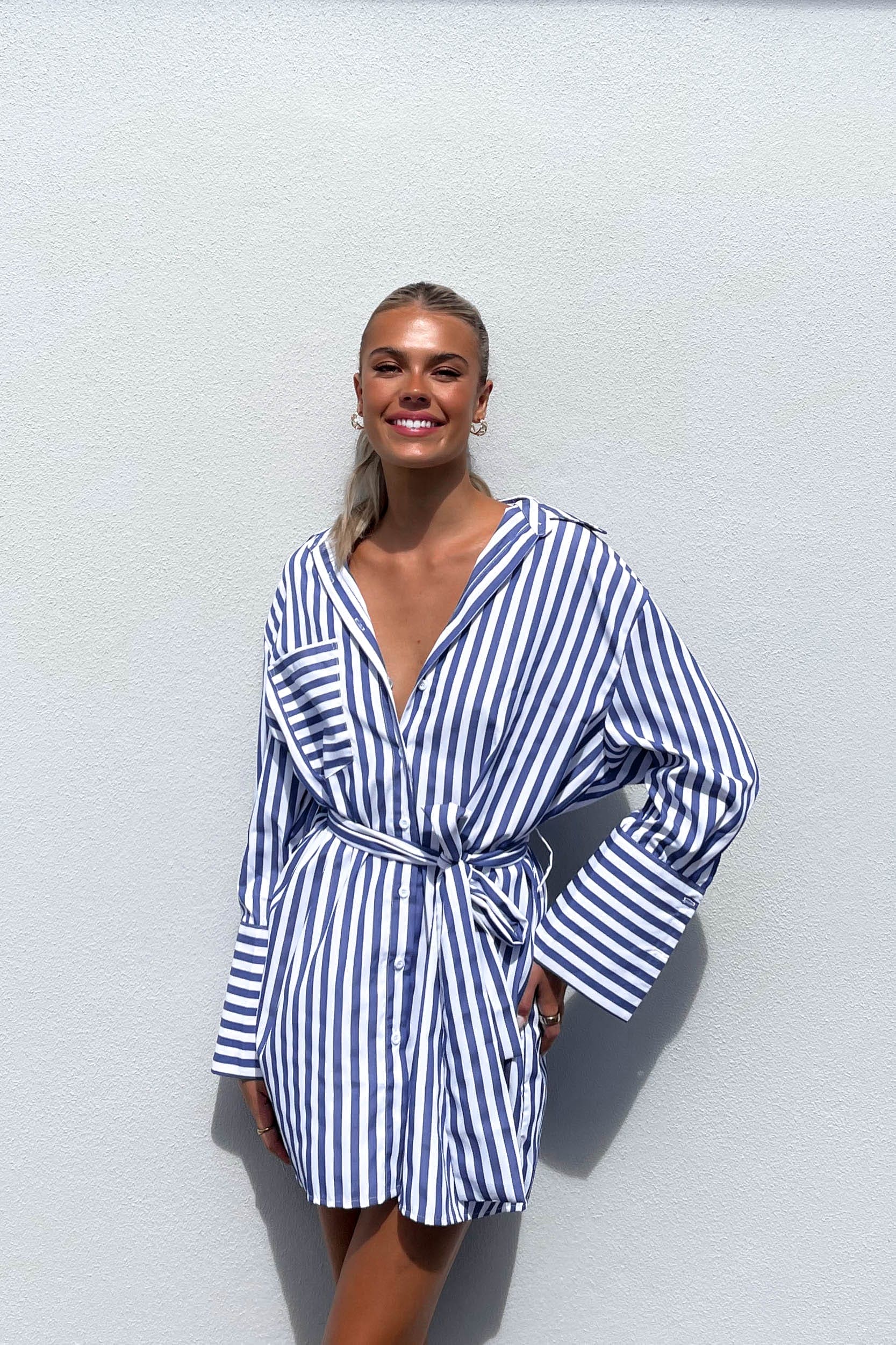 Deykota Dress, BLUE, DRESS, DRESSES, LONG SLEEVE, MINI DRESS, new arrivals, PIN STRIPE, POLYESTER, STRIPES, WAIST TIE, , -MISHKAH