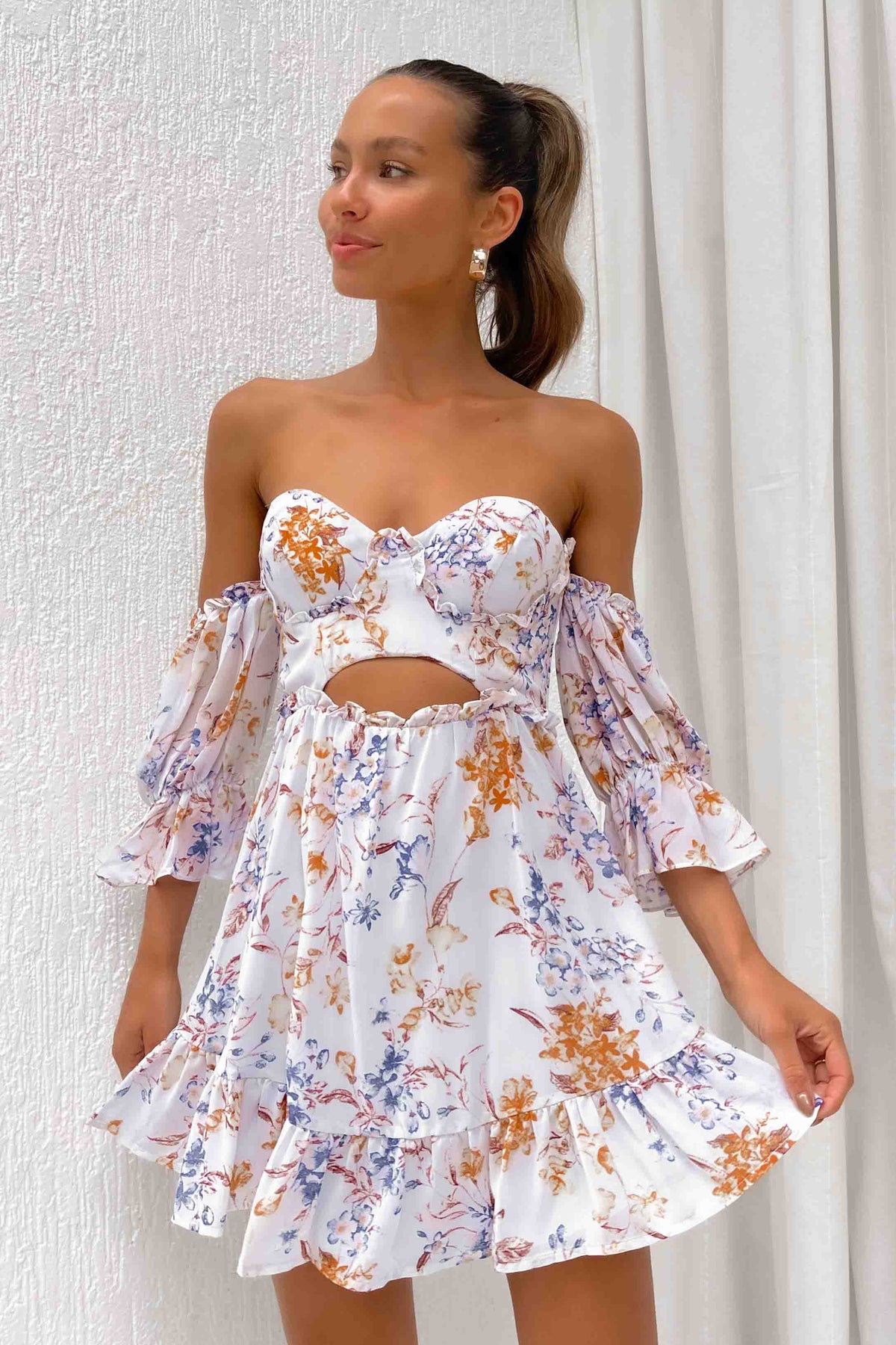 Divinie Dress, BLUE, DRESS, DRESSES, FLORAL, FLORALS, MINI DRESS, new arrivals, OFF SHOULDER, POLYESTER, , -MISHKAH