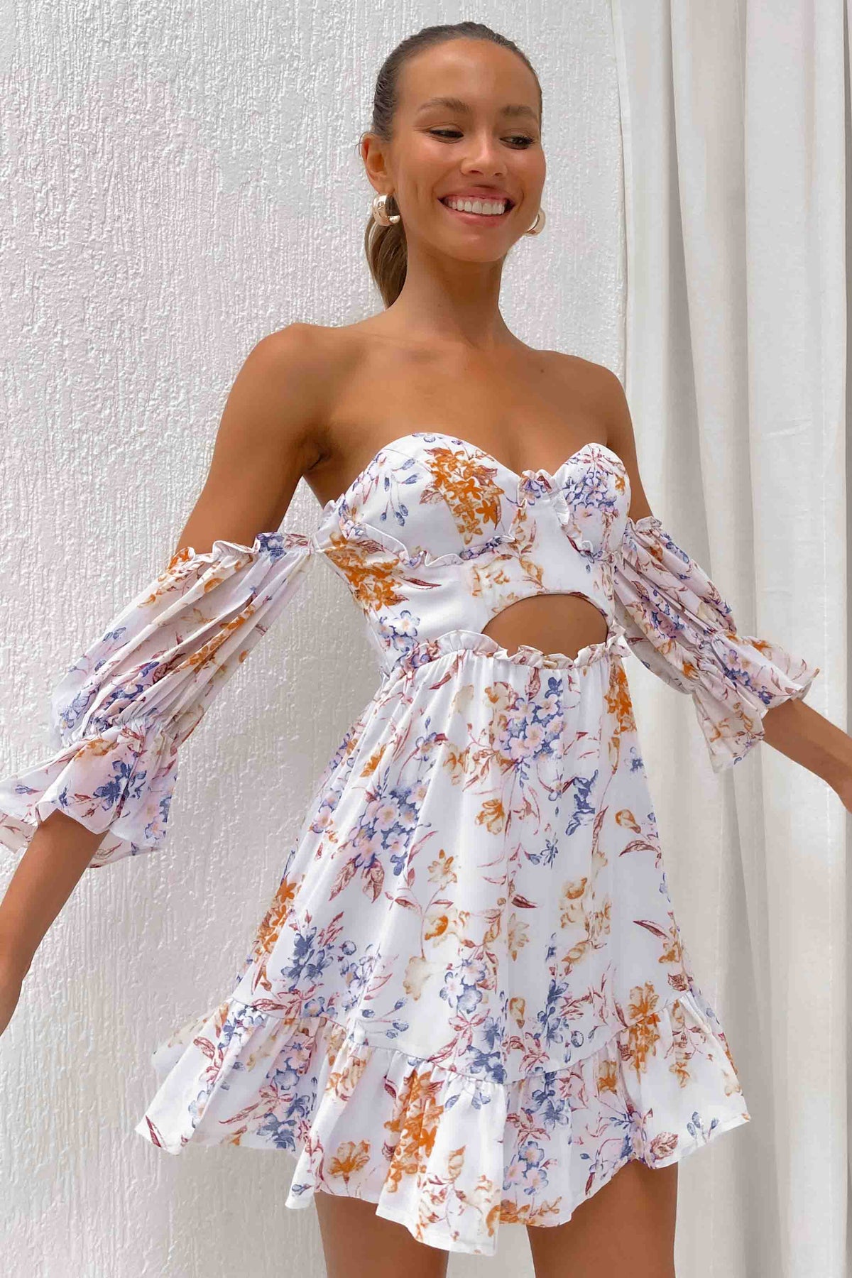 Divinie Dress, BLUE, DRESS, DRESSES, FLORAL, FLORALS, MINI DRESS, new arrivals, OFF SHOULDER, POLYESTER, , -MISHKAH