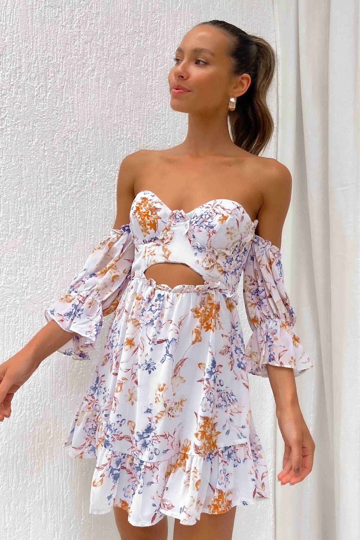 Divinie Dress, BLUE, DRESS, DRESSES, FLORAL, FLORALS, MINI DRESS, new arrivals, OFF SHOULDER, POLYESTER, , -MISHKAH