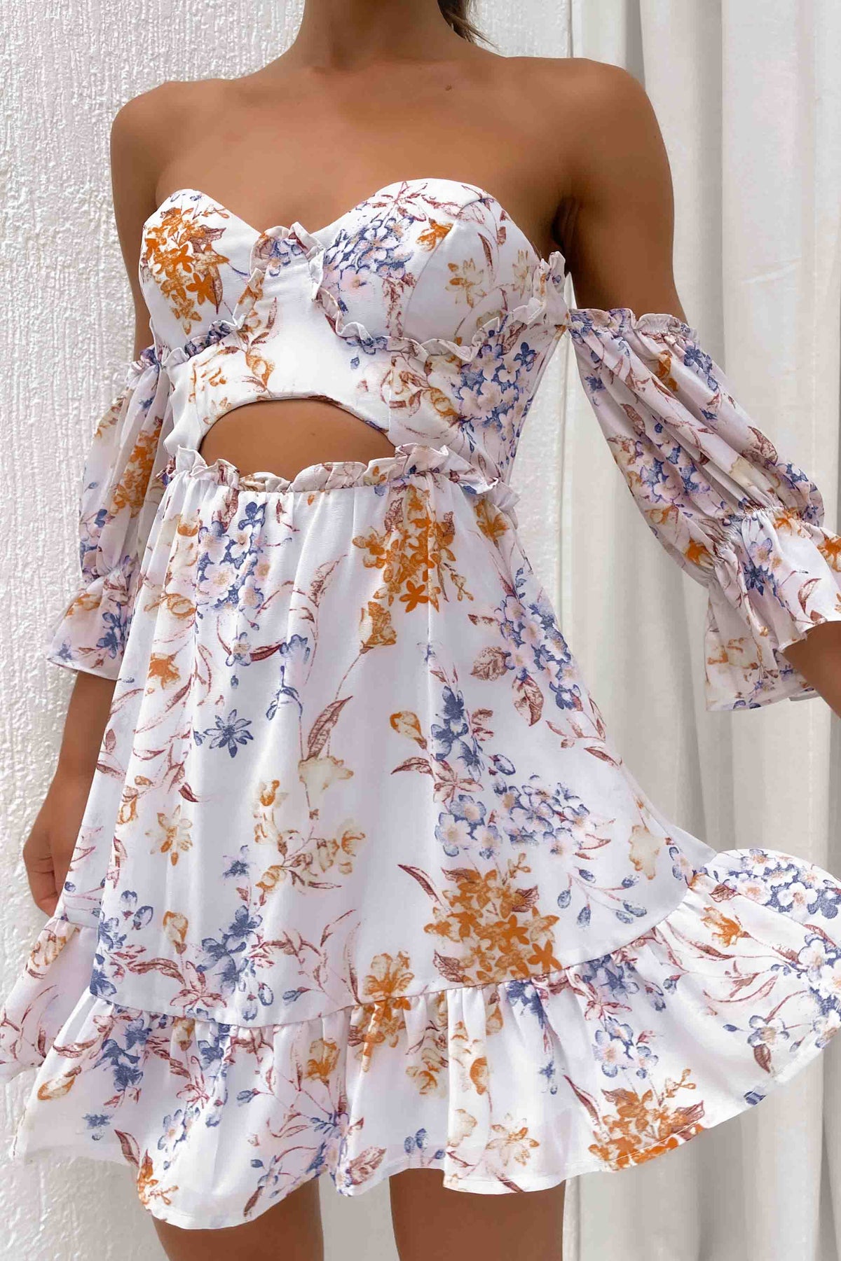 Divinie Dress, BLUE, DRESS, DRESSES, FLORAL, FLORALS, MINI DRESS, new arrivals, OFF SHOULDER, POLYESTER, , -MISHKAH