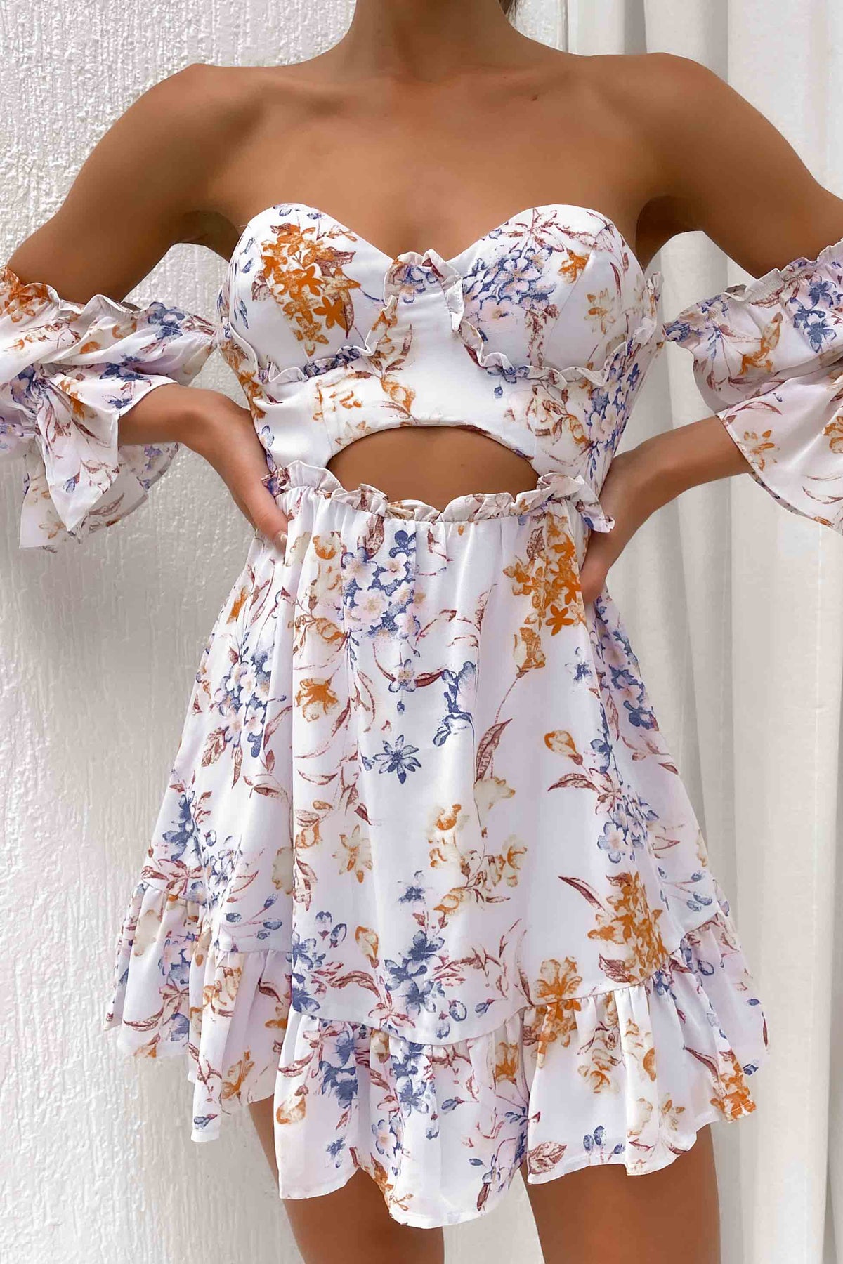 Divinie Dress, BLUE, DRESS, DRESSES, FLORAL, FLORALS, MINI DRESS, new arrivals, OFF SHOULDER, POLYESTER, , -MISHKAH