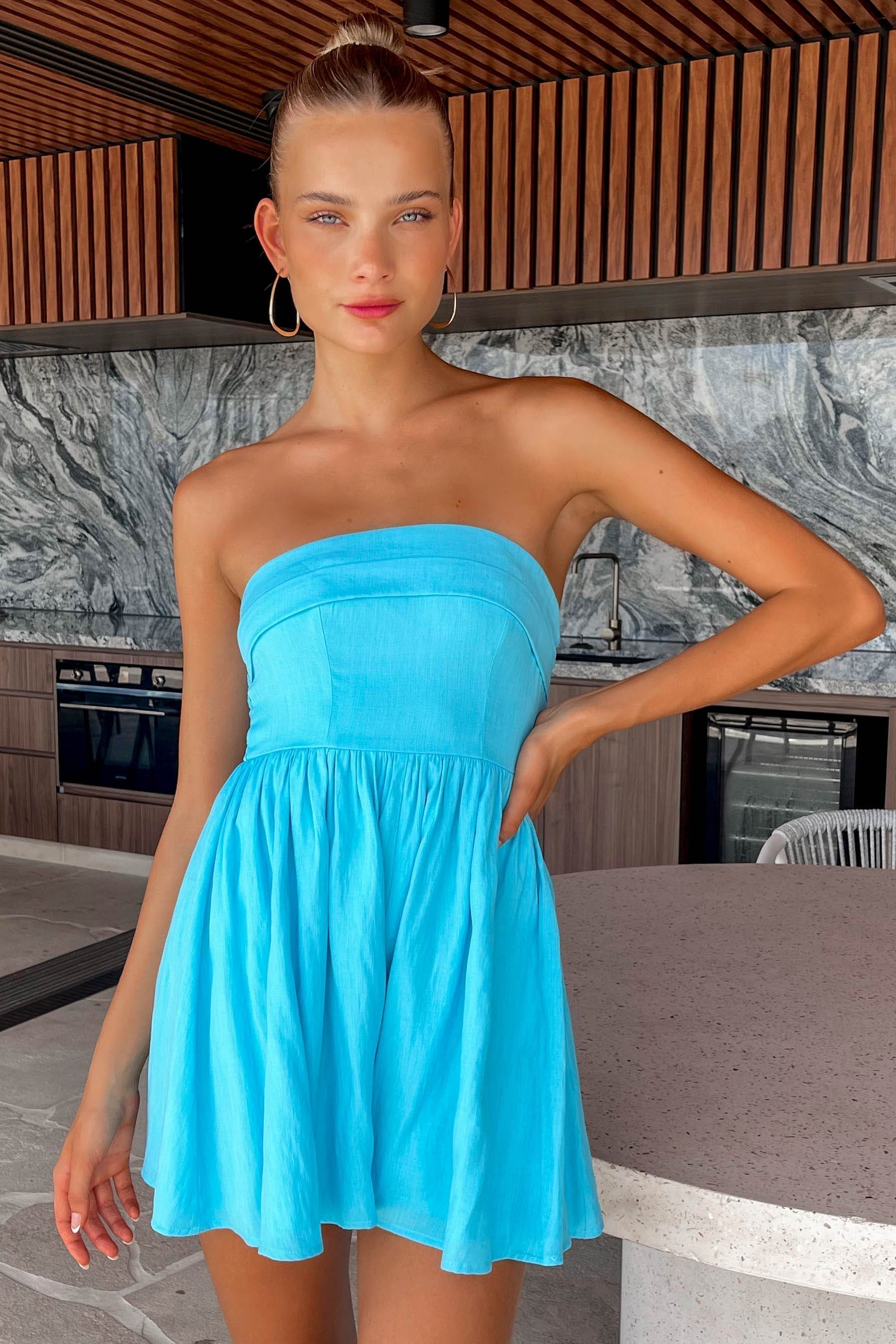 Dommy Playsuit, BLUE, new arrivals, PLAYSUIT, PLAYSUITS, POLYESTER & RAYON, POLYESTER AND RAYON, RAYON AND POLYESTER, STRAPLESS, , -MISHKAH