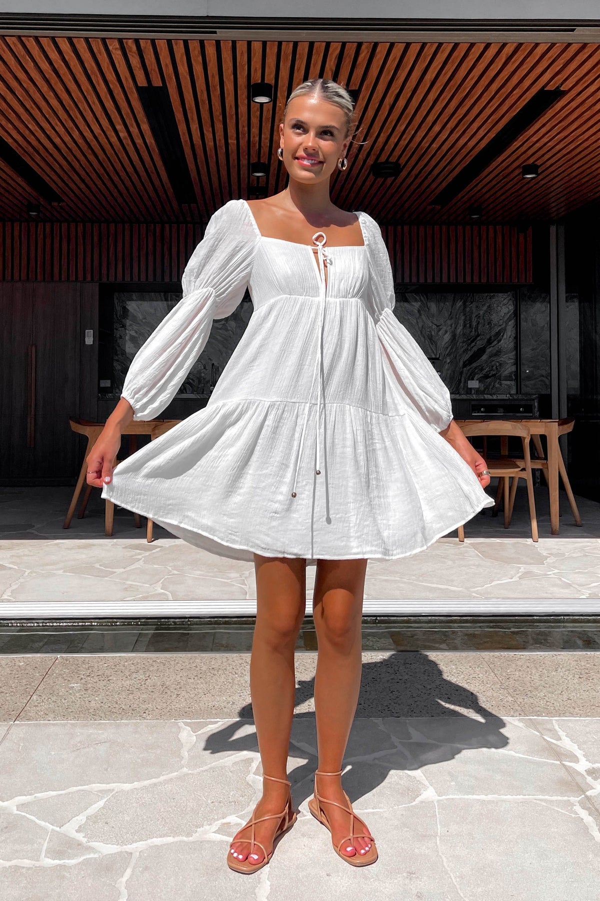 Eleyna Dress, BALLOON SLEEVE, COTTON &amp; POLYESTER, COTTON AND POLYESTER, DRESS, DRESSES, LONG SLEEVE, MINI DRESS, new arrivals, POLYESTER AND COTTON, WHITE, , -MISHKAH