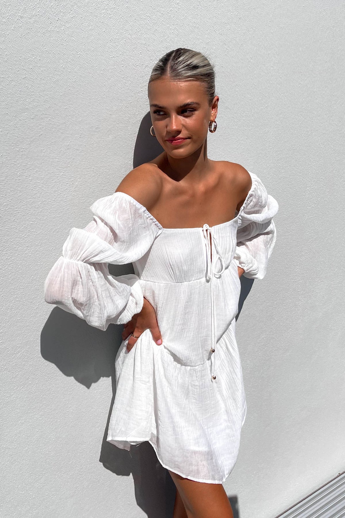 Eleyna Dress, BALLOON SLEEVE, COTTON &amp; POLYESTER, COTTON AND POLYESTER, DRESS, DRESSES, LONG SLEEVE, MINI DRESS, new arrivals, POLYESTER AND COTTON, WHITE, , -MISHKAH