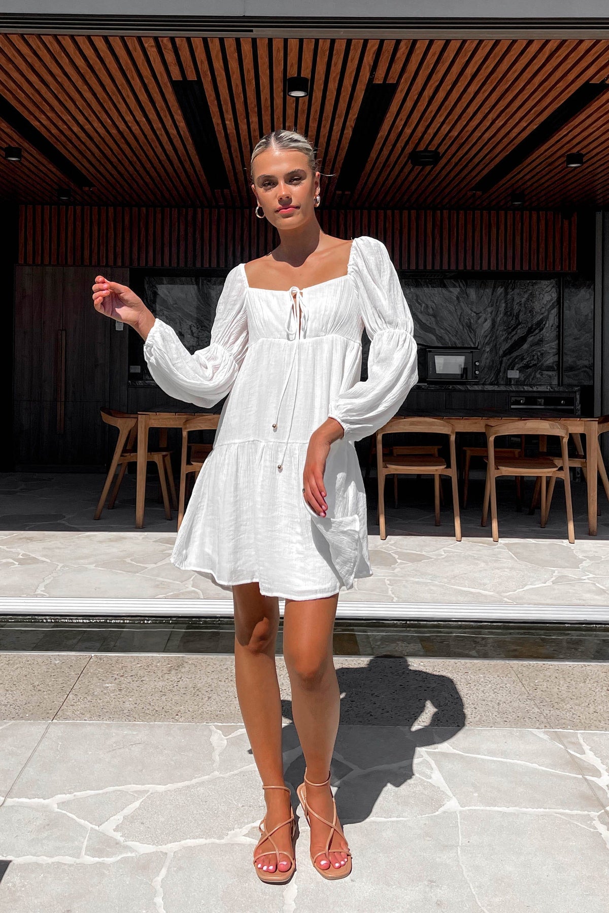 Eleyna Dress, BALLOON SLEEVE, COTTON &amp; POLYESTER, COTTON AND POLYESTER, DRESS, DRESSES, LONG SLEEVE, MINI DRESS, new arrivals, POLYESTER AND COTTON, WHITE, , -MISHKAH