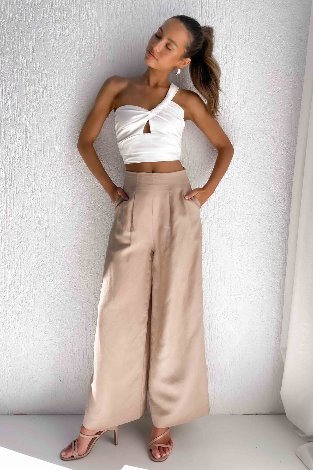 Elina Pants, BEIGE, BOTTOMS, HIGH WAISTED PANTS, LINEN &amp; POLYESTER, LINEN AND POLYESTER, new arrivals, PANTS, POLYESTER AND LINEN, VISCOSE AND LINEN, WIDE LEG, , -MISHKAH