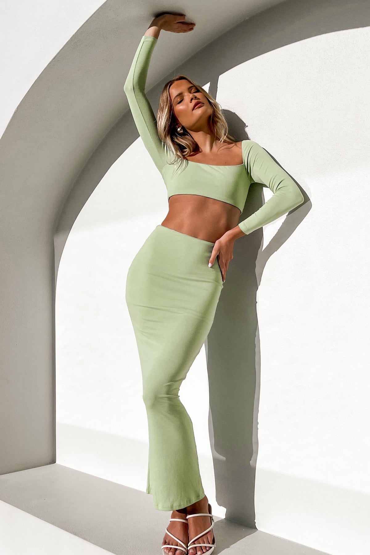 Eloria Top, COTTON &amp; POLYESTER, COTTON AND POLYESTER, CROP TOPS, GREEN, LONG SLEEVE, new arrivals, POLYESTER &amp; COTTON, POLYESTER AND COTTON, TOP, TOPS, , -MISHKAH