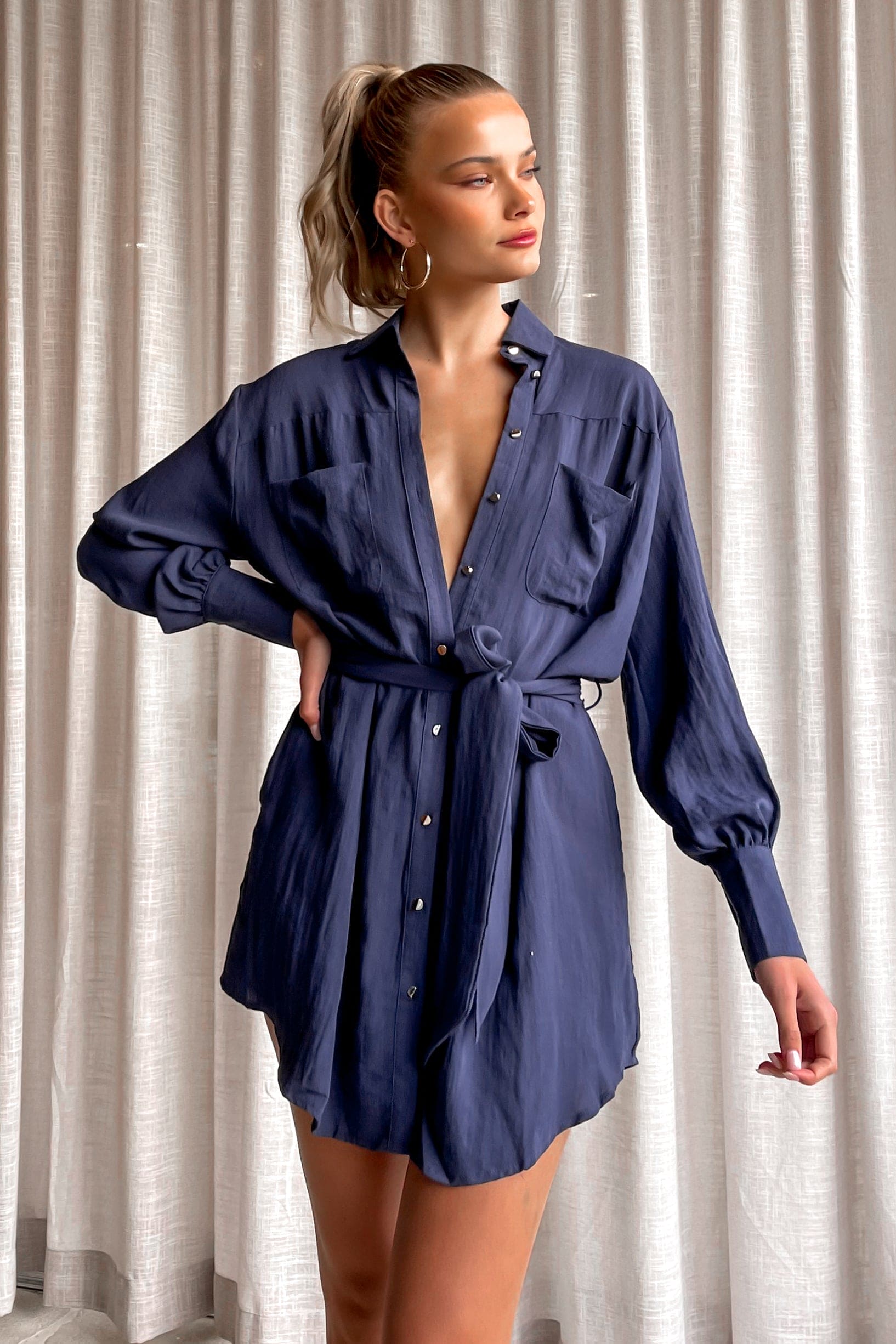 Erina Dress, BLUE, DRESS, DRESSES, LONG SLEEVE, MINI DRESS, new arrivals, POLYESTER, , -MISHKAH