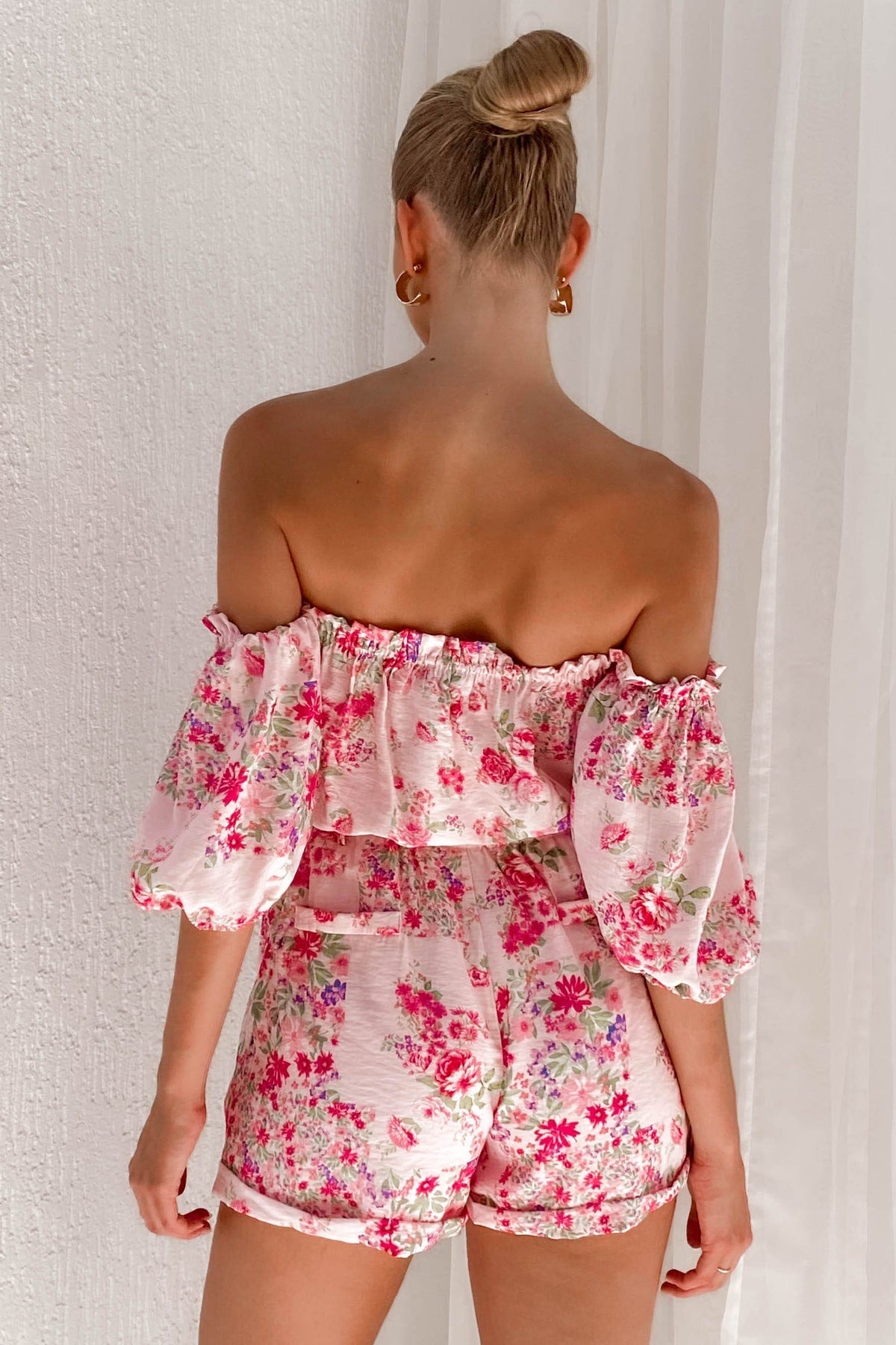 Flumie Playsuit, BALLOON SLEEVE, FLORAL, FLORALS, LINEN &amp; POLYESTER, LINEN AND POLYESTER, new arrivals, PINK, PLAYSUIT, PLAYSUITS, POLYESTER AND LINEN, , -MISHKAH