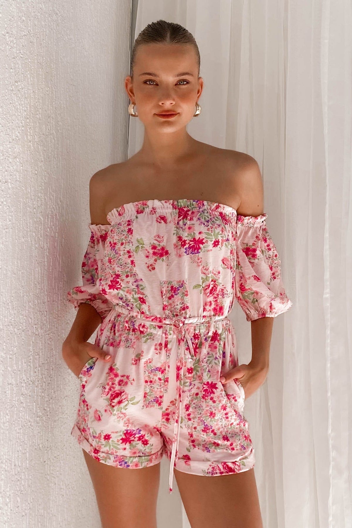 Flumie Playsuit, BALLOON SLEEVE, FLORAL, FLORALS, LINEN &amp; POLYESTER, LINEN AND POLYESTER, new arrivals, PINK, PLAYSUIT, PLAYSUITS, POLYESTER AND LINEN, , -MISHKAH