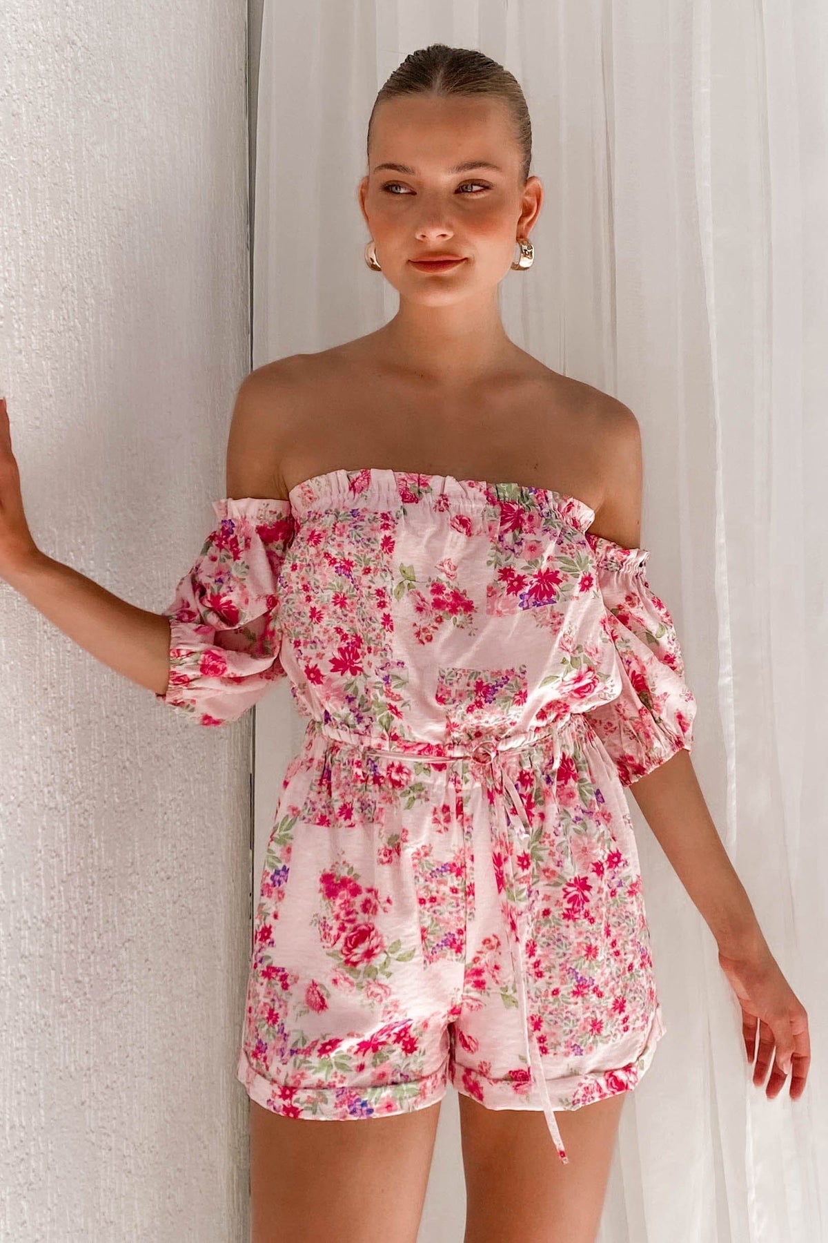 Flumie Playsuit, BALLOON SLEEVE, FLORAL, FLORALS, LINEN &amp; POLYESTER, LINEN AND POLYESTER, new arrivals, PINK, PLAYSUIT, PLAYSUITS, POLYESTER AND LINEN, , -MISHKAH