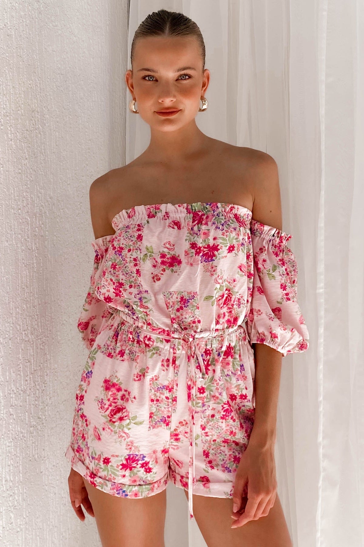 Flumie Playsuit, BALLOON SLEEVE, FLORAL, FLORALS, LINEN &amp; POLYESTER, LINEN AND POLYESTER, new arrivals, PINK, PLAYSUIT, PLAYSUITS, POLYESTER AND LINEN, , -MISHKAH