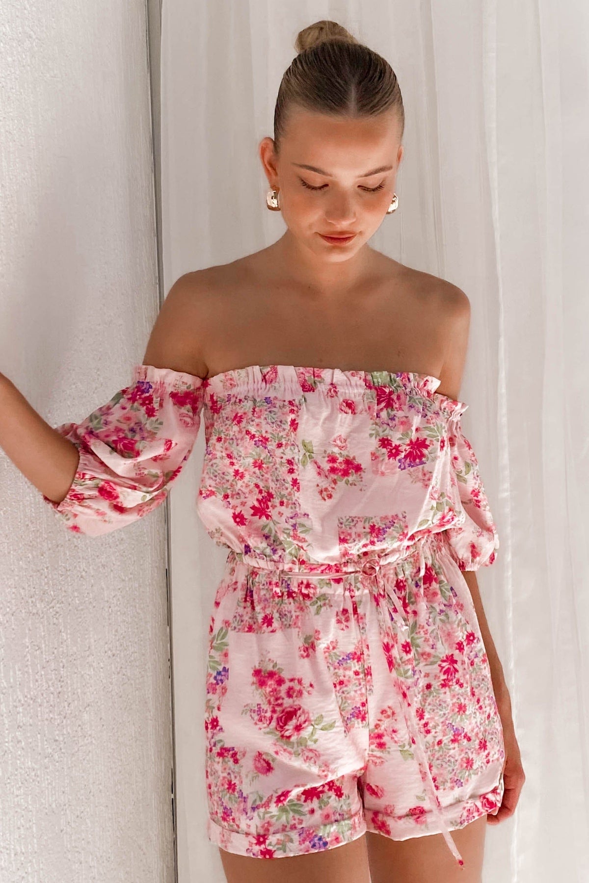 Flumie Playsuit, BALLOON SLEEVE, FLORAL, FLORALS, LINEN &amp; POLYESTER, LINEN AND POLYESTER, new arrivals, PINK, PLAYSUIT, PLAYSUITS, POLYESTER AND LINEN, , -MISHKAH