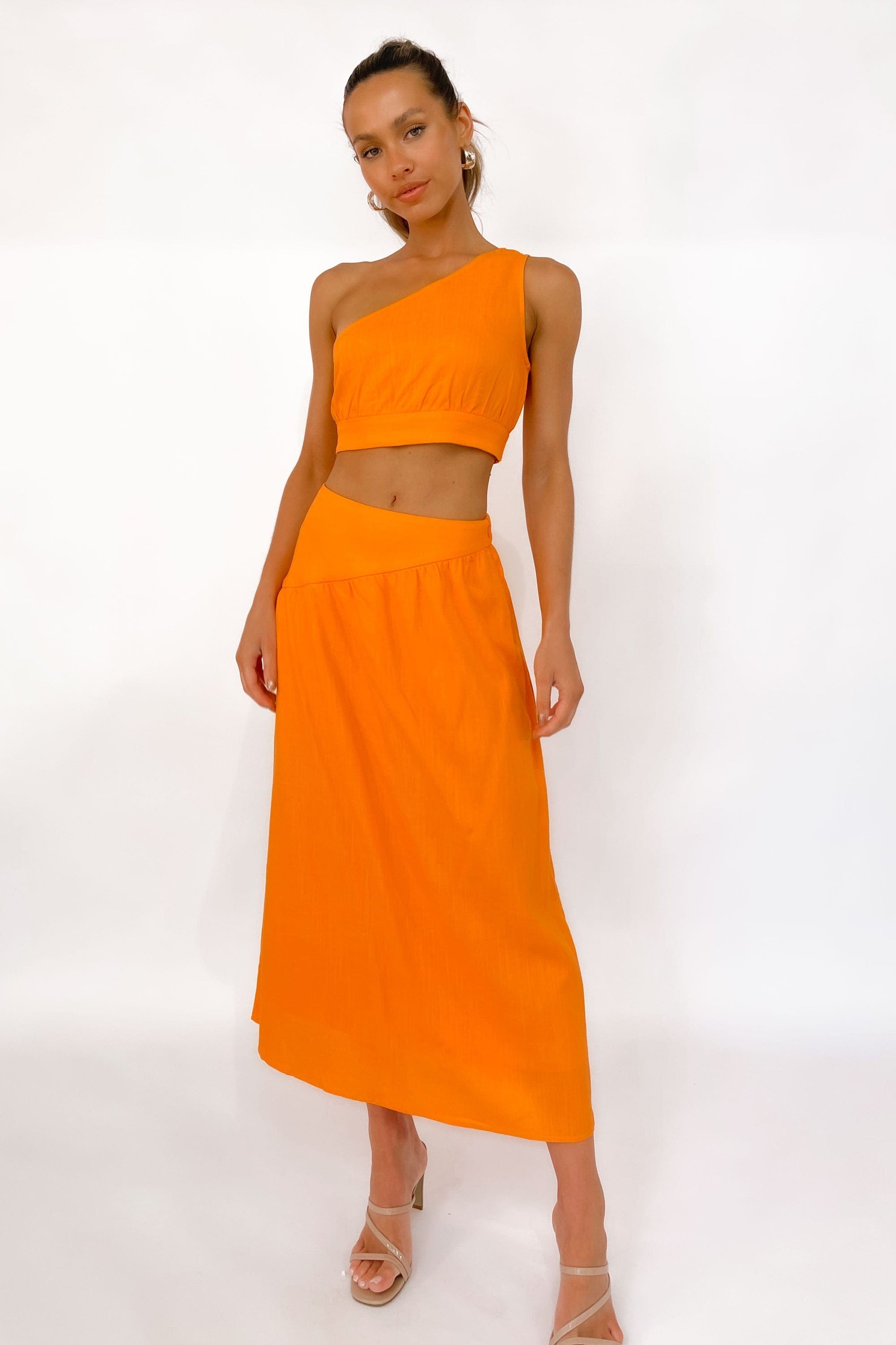 Fyer Skirt, BOTTOMS, HIGH WAISTED, LINEN & POLYESTER, LINEN AND POLYESTER, MAXI SKIRT, MIDI SKIRT, new arrivals, ORANGE, POLYESTER AND LINEN, SKIRTS, , -MISHKAH