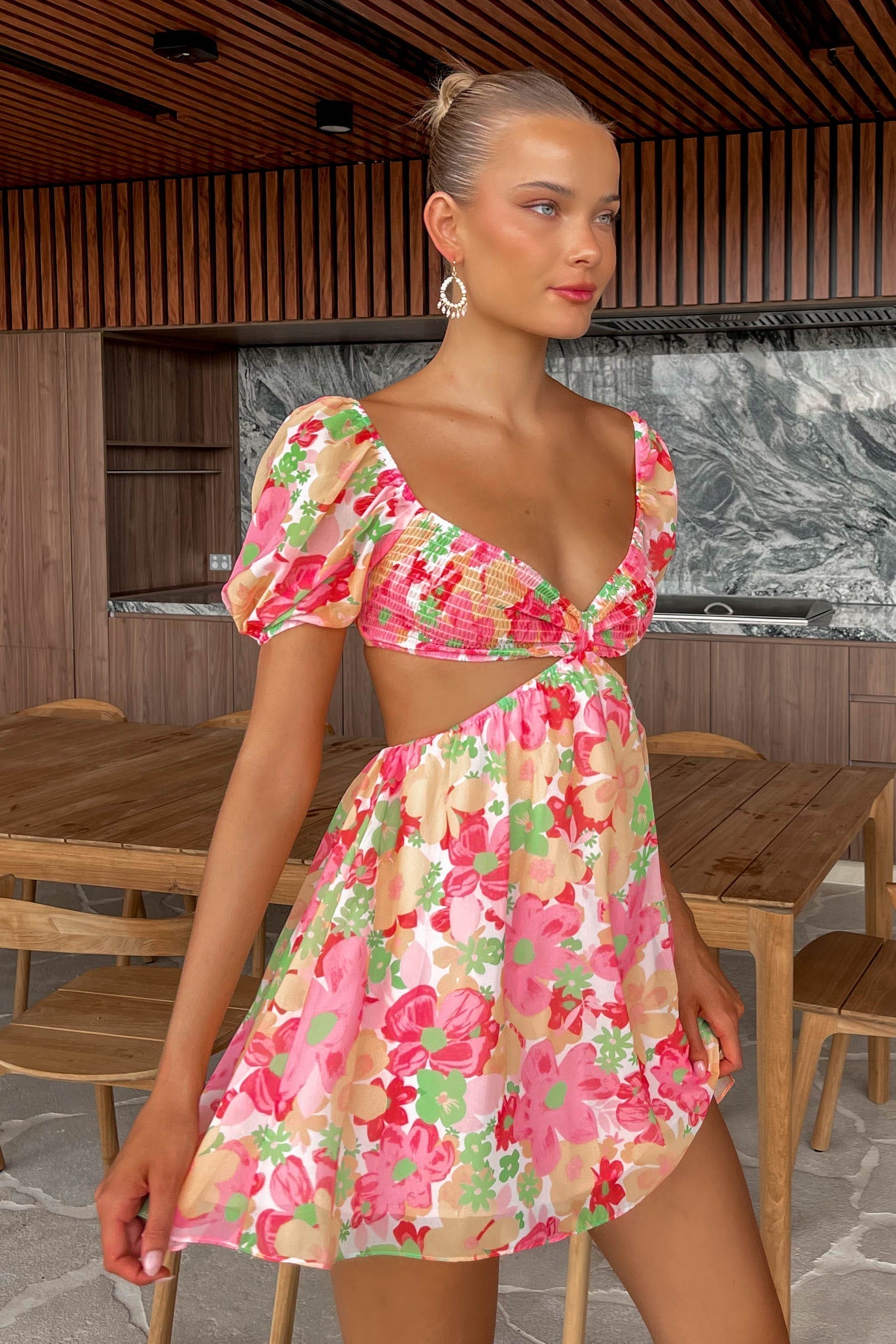 Gabbey Dress, DRESS, DRESSES, FLORAL, FLORALS, MINI DRESS, PINK, POLYESTER & RAYON, POLYESTER AND RAYON, RAYON AND POLYESTER, , -MISHKAH