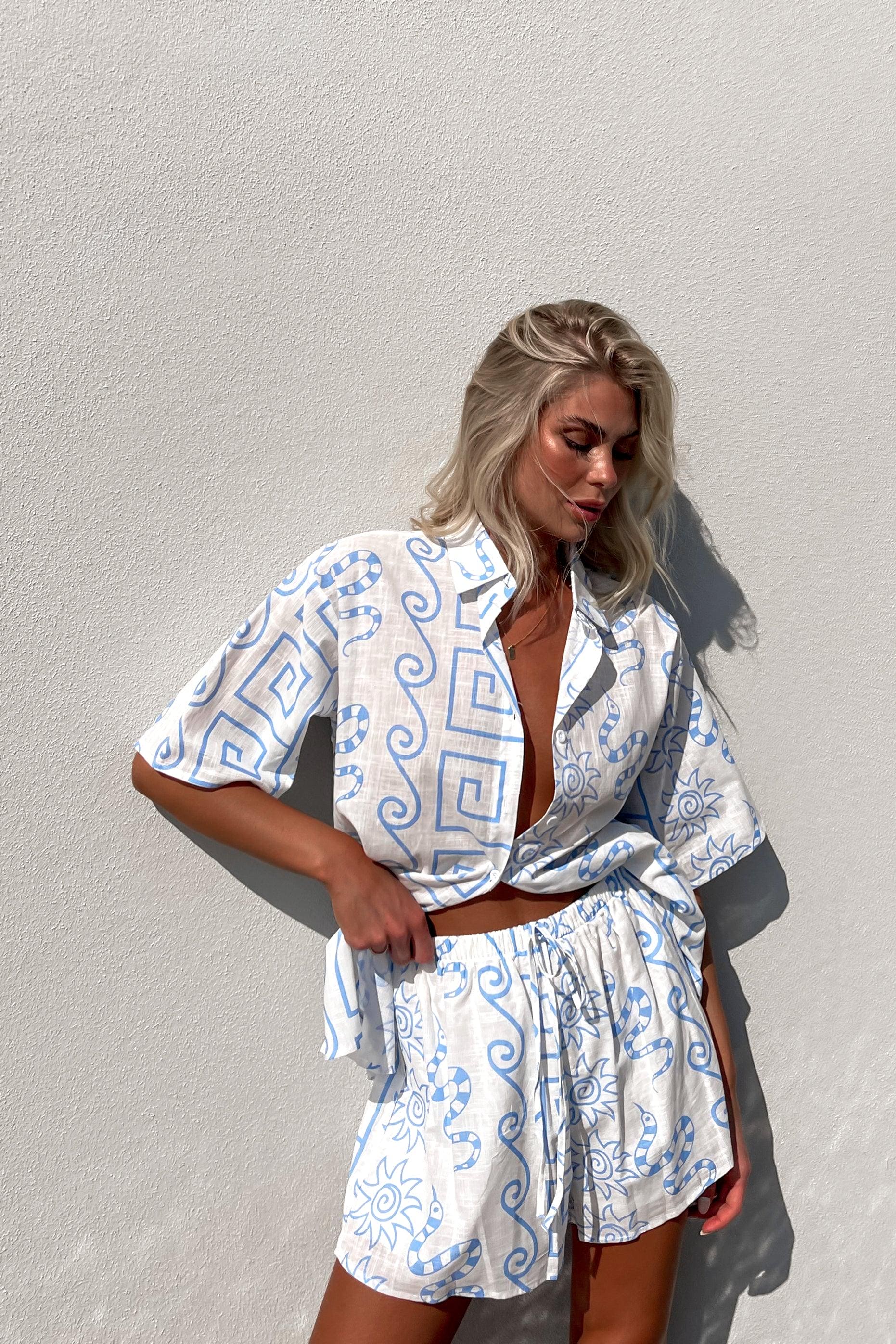 Holiday Set, BLUE, BOTTOMS, COTTON, new arrivals, SETS, SHORTS, TOP, TOPS, , -MISHKAH
