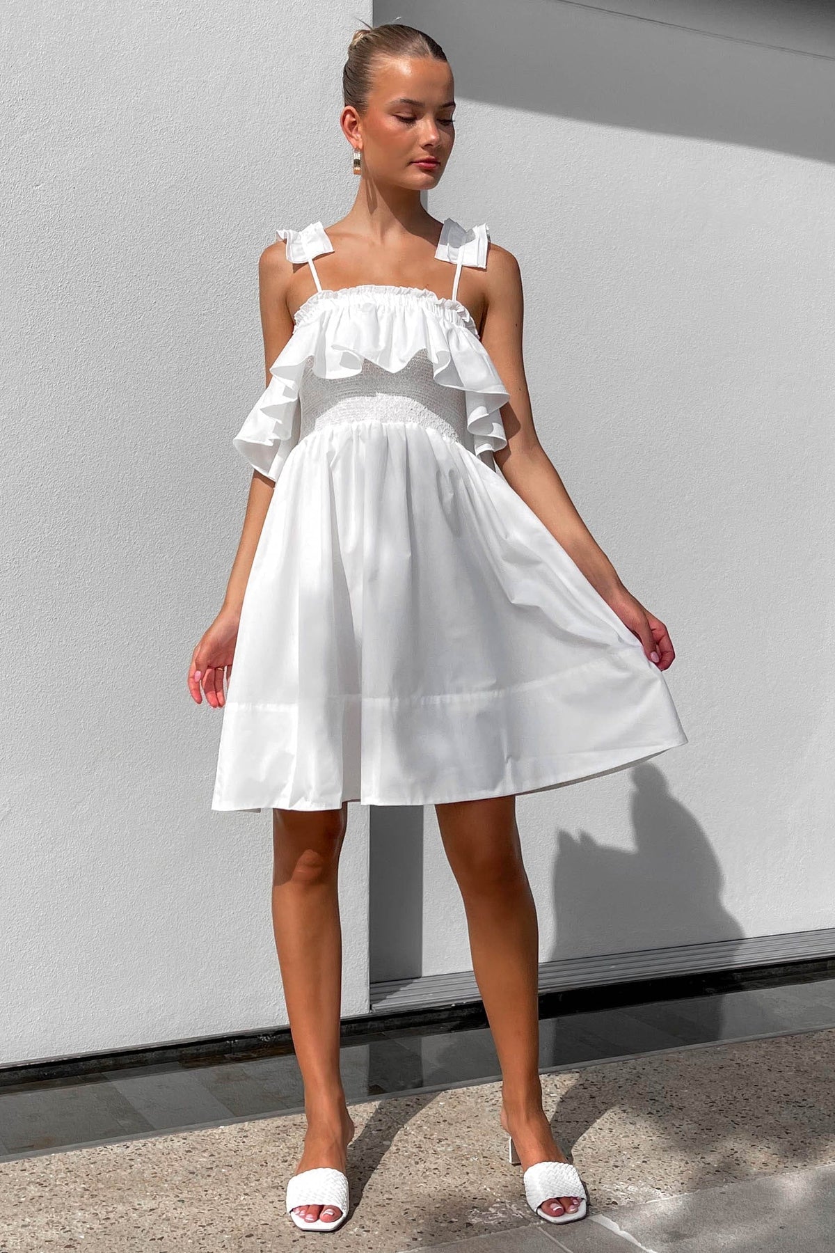 Huntah Dress, COTTON &amp; POLYESTER, COTTON AND POLYESTER, DRESS, DRESSES, MINI DRESS, new arrivals, POLYESTER AND COTTON, WHITE, , -MISHKAH