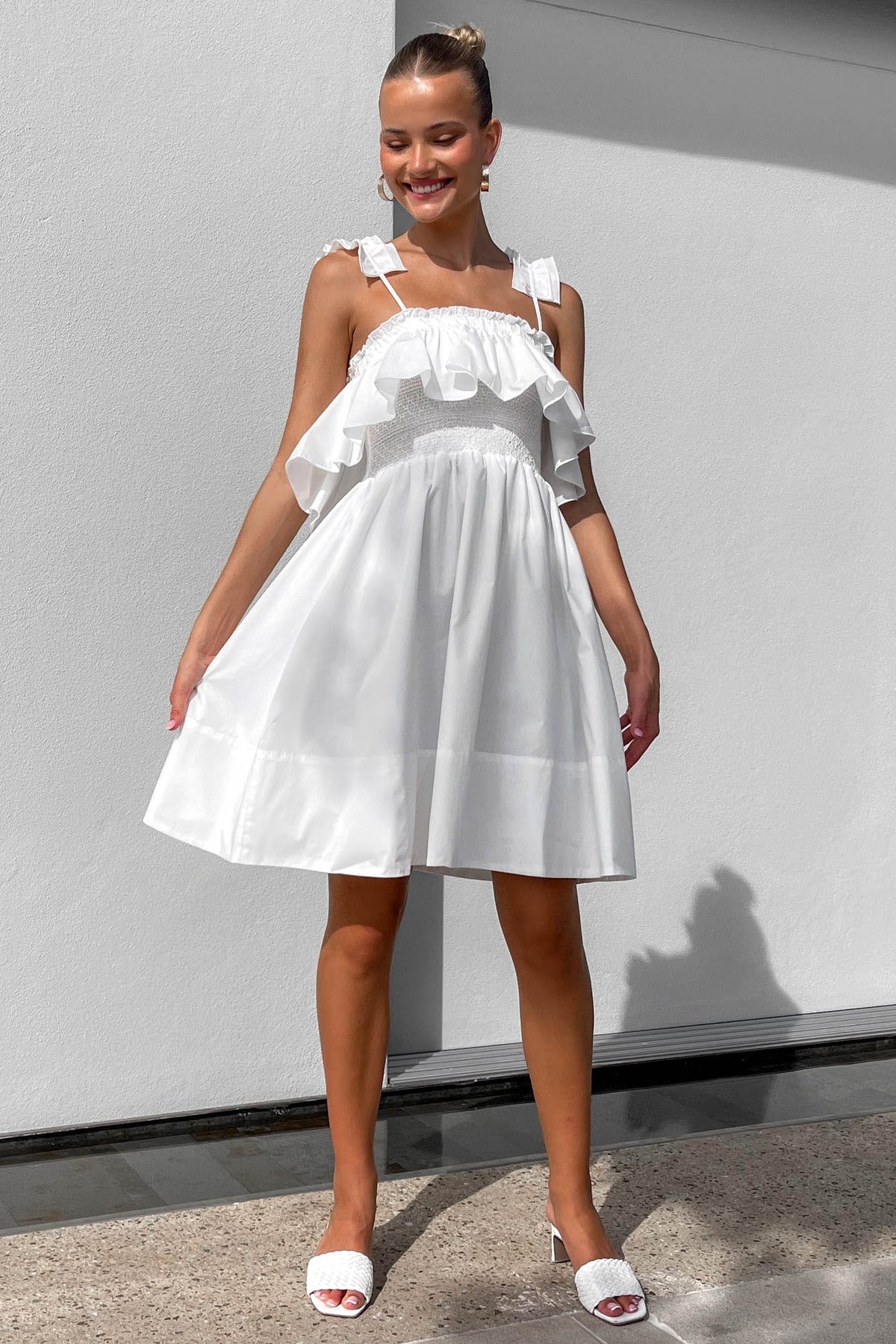 Huntah Dress, COTTON &amp; POLYESTER, COTTON AND POLYESTER, DRESS, DRESSES, MINI DRESS, new arrivals, POLYESTER AND COTTON, WHITE, , -MISHKAH