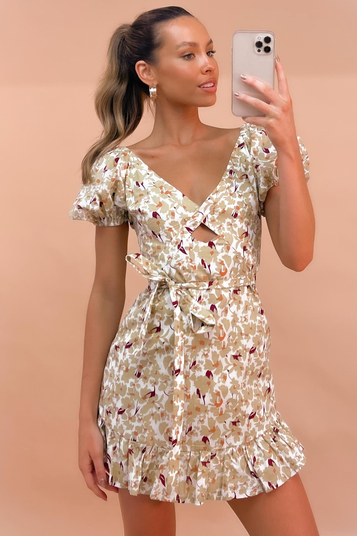 Irena Dress, BALLOON SLEEVE, COTTON, DRESS, DRESSES, FLORAL, FLORALS, GREEN, MINI DRESS, new arrivals, WAIST TIE, , -MISHKAH