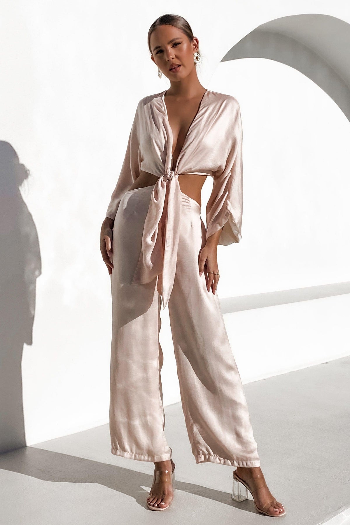 Island Escape Jumpsuit, BEIGE, JUMPSUITS, LONG SLEEVE, PINK, POLYESTER, RAYON, , -MISHKAH