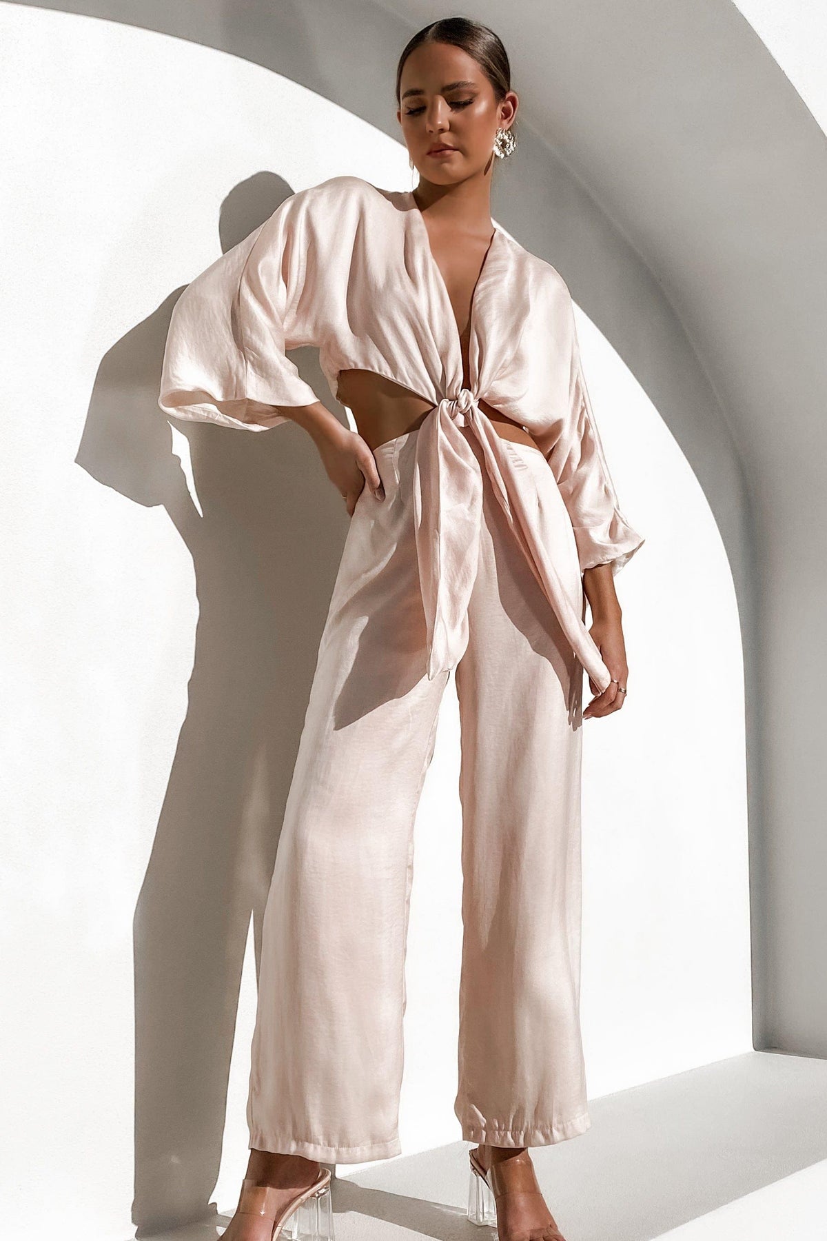 Island Escape Jumpsuit, BEIGE, JUMPSUITS, LONG SLEEVE, PINK, POLYESTER, RAYON, , -MISHKAH