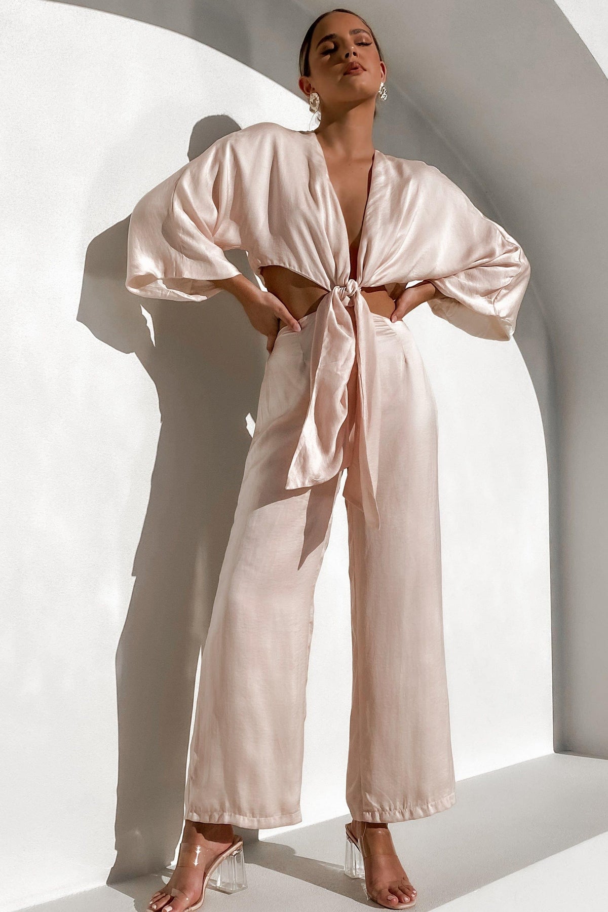 Island Escape Jumpsuit, BEIGE, JUMPSUITS, LONG SLEEVE, PINK, POLYESTER, RAYON, , -MISHKAH