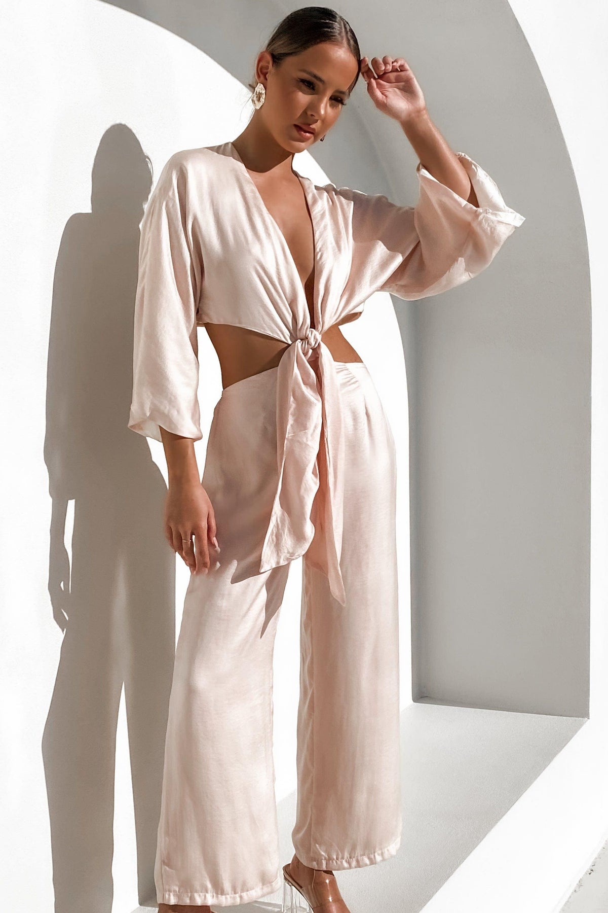 Island Escape Jumpsuit, BEIGE, JUMPSUITS, LONG SLEEVE, PINK, POLYESTER, RAYON, , -MISHKAH