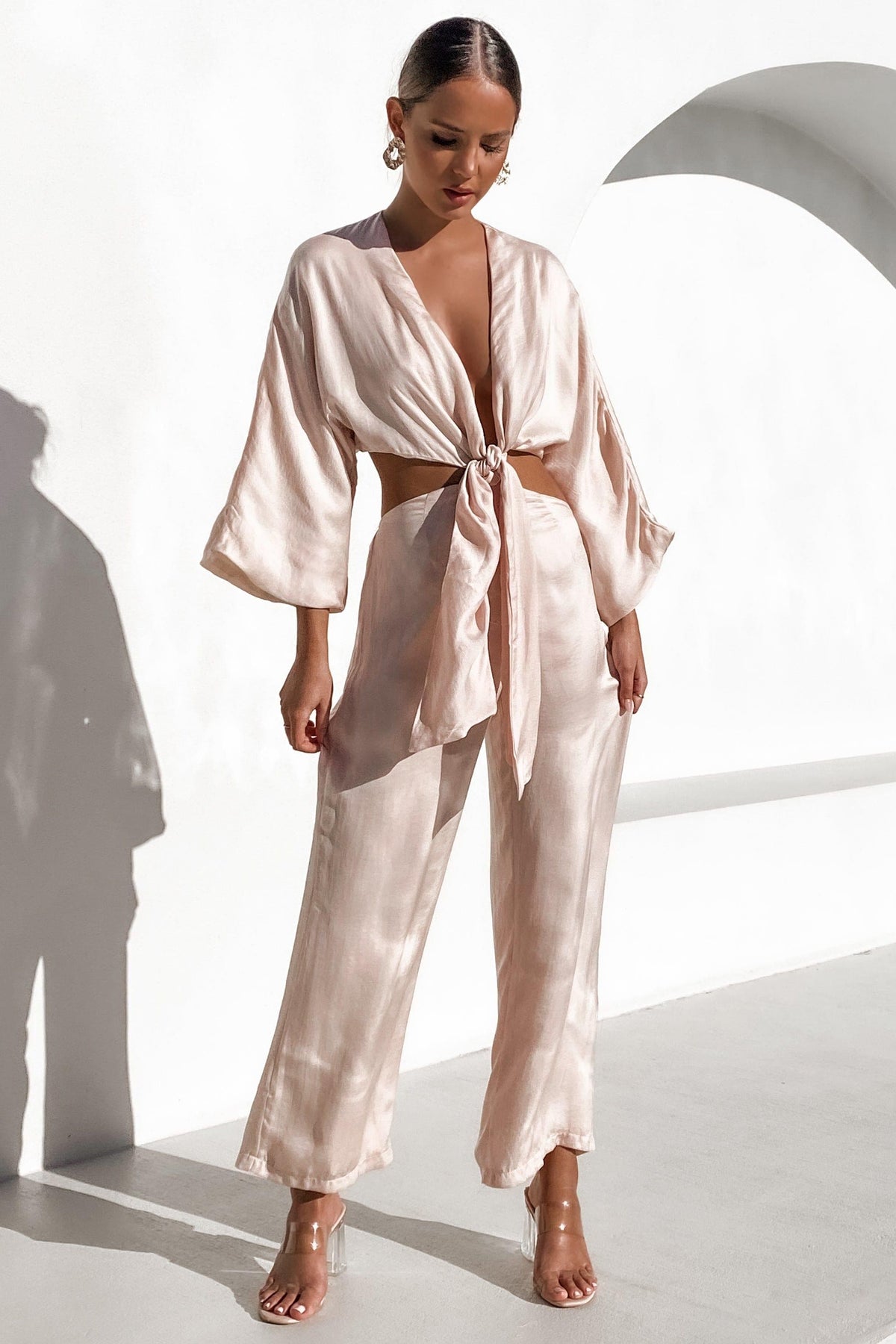 Island Escape Jumpsuit, BEIGE, JUMPSUITS, LONG SLEEVE, PINK, POLYESTER, RAYON, , -MISHKAH