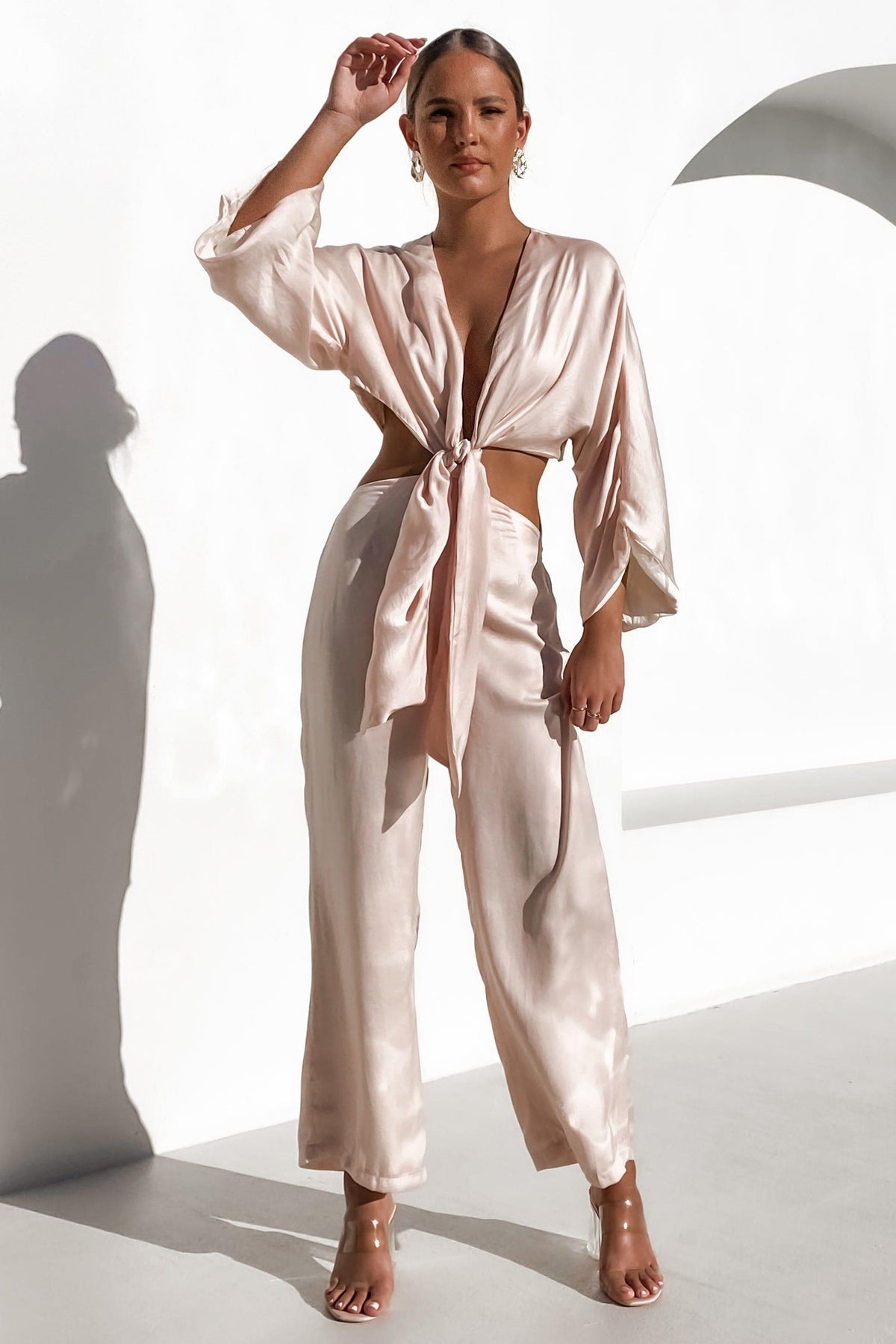 Island Escape Jumpsuit, BEIGE, JUMPSUITS, LONG SLEEVE, PINK, POLYESTER, RAYON, , -MISHKAH