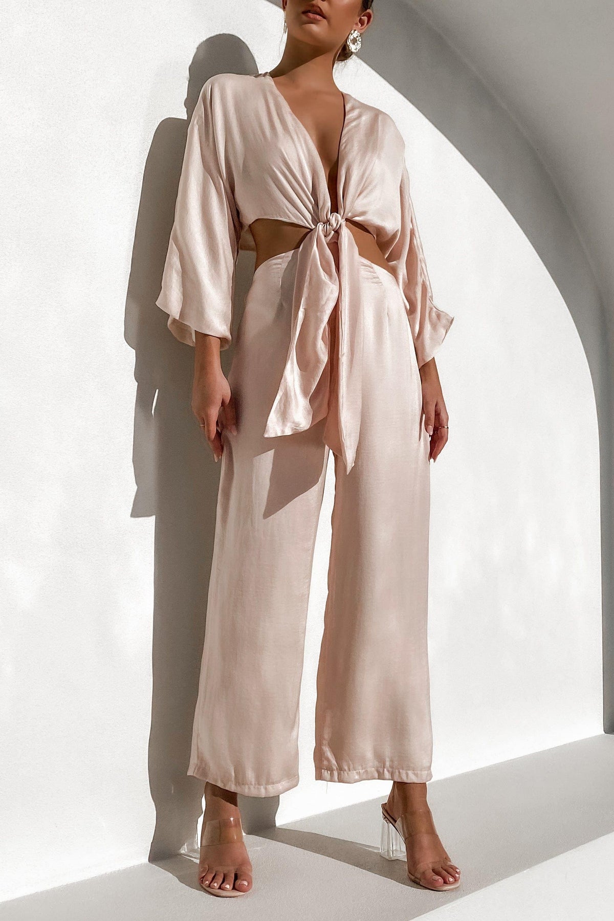 Island Escape Jumpsuit, BEIGE, JUMPSUITS, LONG SLEEVE, PINK, POLYESTER, RAYON, , -MISHKAH