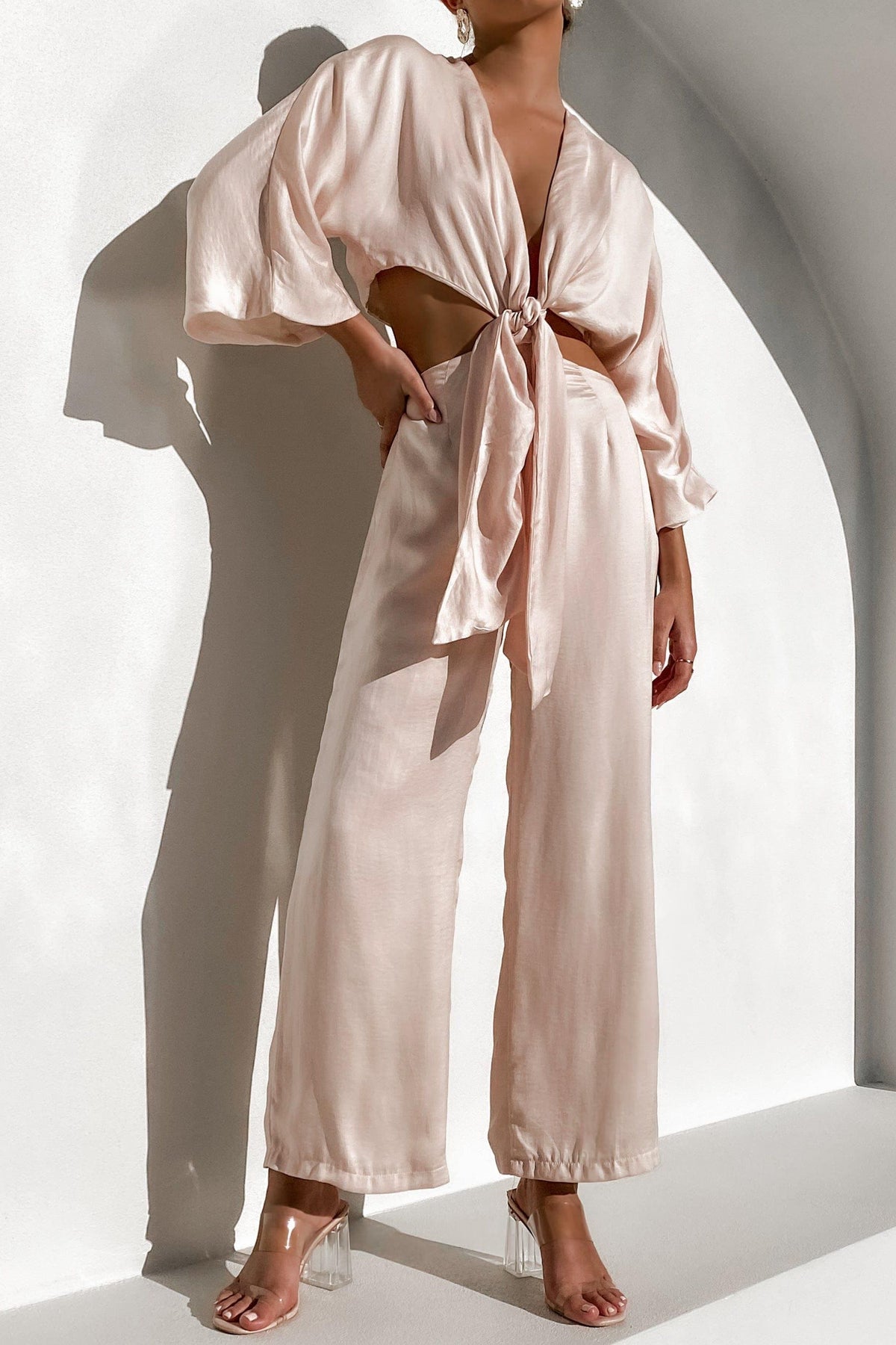 Island Escape Jumpsuit, BEIGE, JUMPSUITS, LONG SLEEVE, PINK, POLYESTER, RAYON, , -MISHKAH
