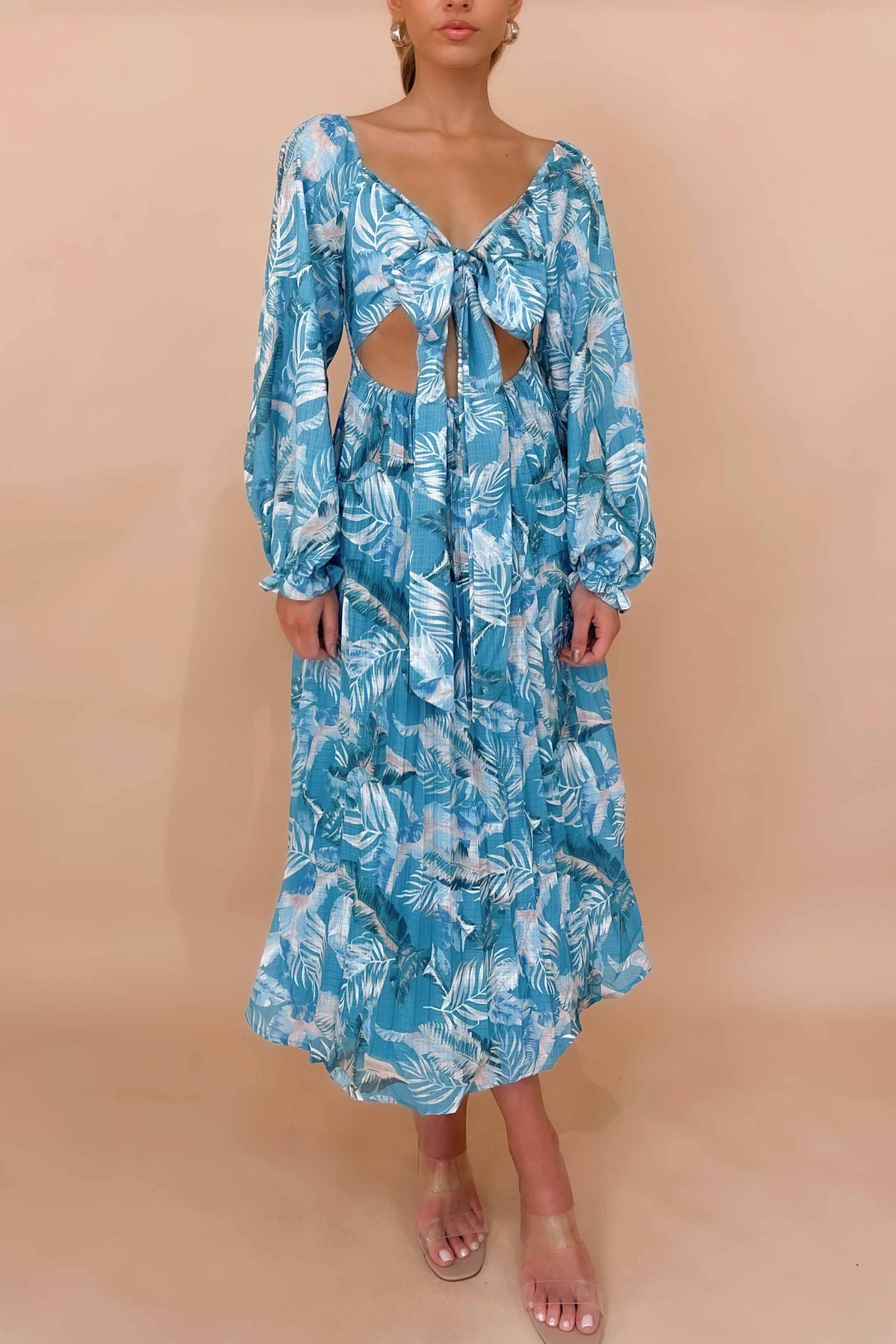 Jemmet Dress, BALLOON SLEEVE, BLUE, DRESS, DRESSES, FLORAL, FLORALS, LINEN &amp; POLYESTER, LINEN AND POLYESTER, LONG SLEEVE, MAXI DRESS, MIDI DRESS, new arrivals, OFF SHOULDER, POLYESTER AND LINEN, , -MISHKAH