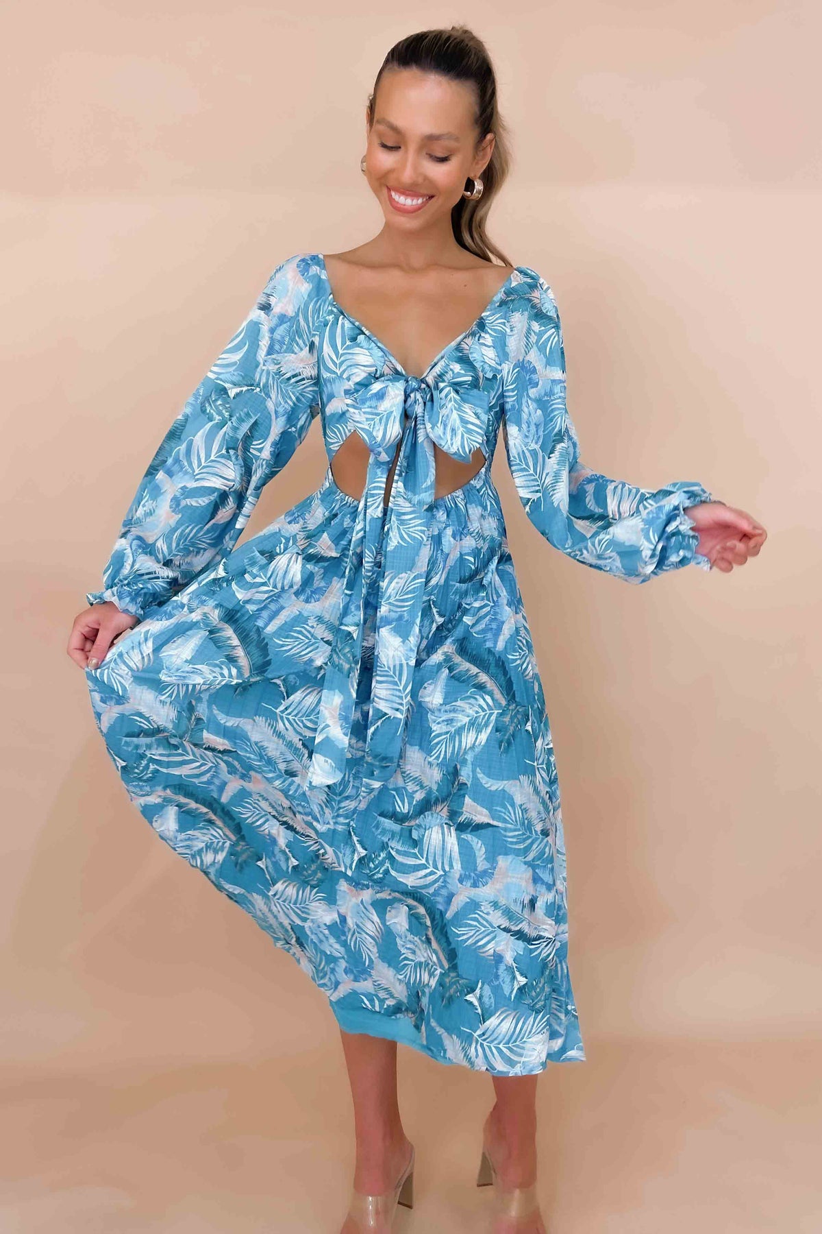 Jemmet Dress, BALLOON SLEEVE, BLUE, DRESS, DRESSES, FLORAL, FLORALS, LINEN &amp; POLYESTER, LINEN AND POLYESTER, LONG SLEEVE, MAXI DRESS, MIDI DRESS, new arrivals, OFF SHOULDER, POLYESTER AND LINEN, , -MISHKAH