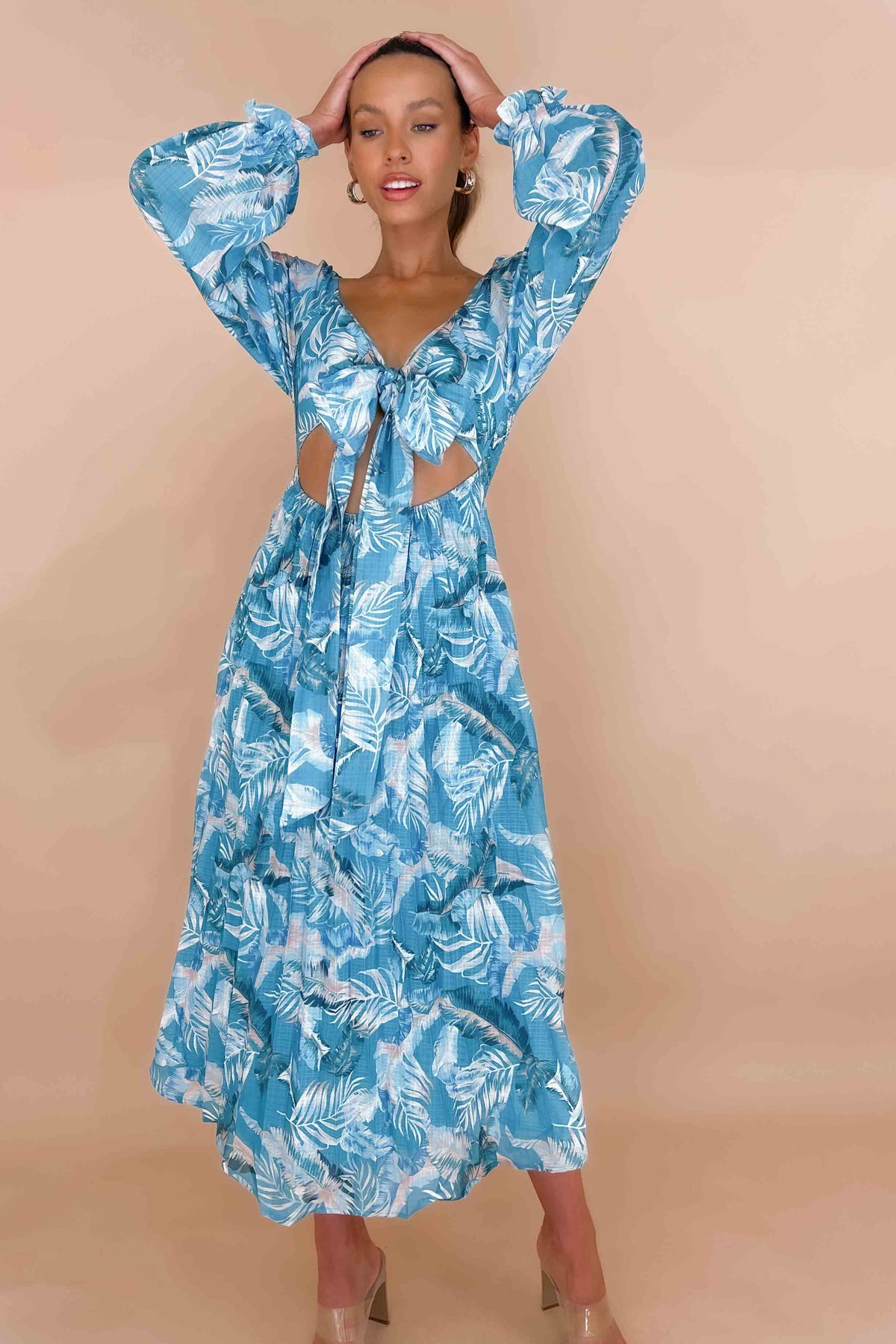 Jemmet Dress, BALLOON SLEEVE, BLUE, DRESS, DRESSES, FLORAL, FLORALS, LINEN &amp; POLYESTER, LINEN AND POLYESTER, LONG SLEEVE, MAXI DRESS, MIDI DRESS, new arrivals, OFF SHOULDER, POLYESTER AND LINEN, , -MISHKAH