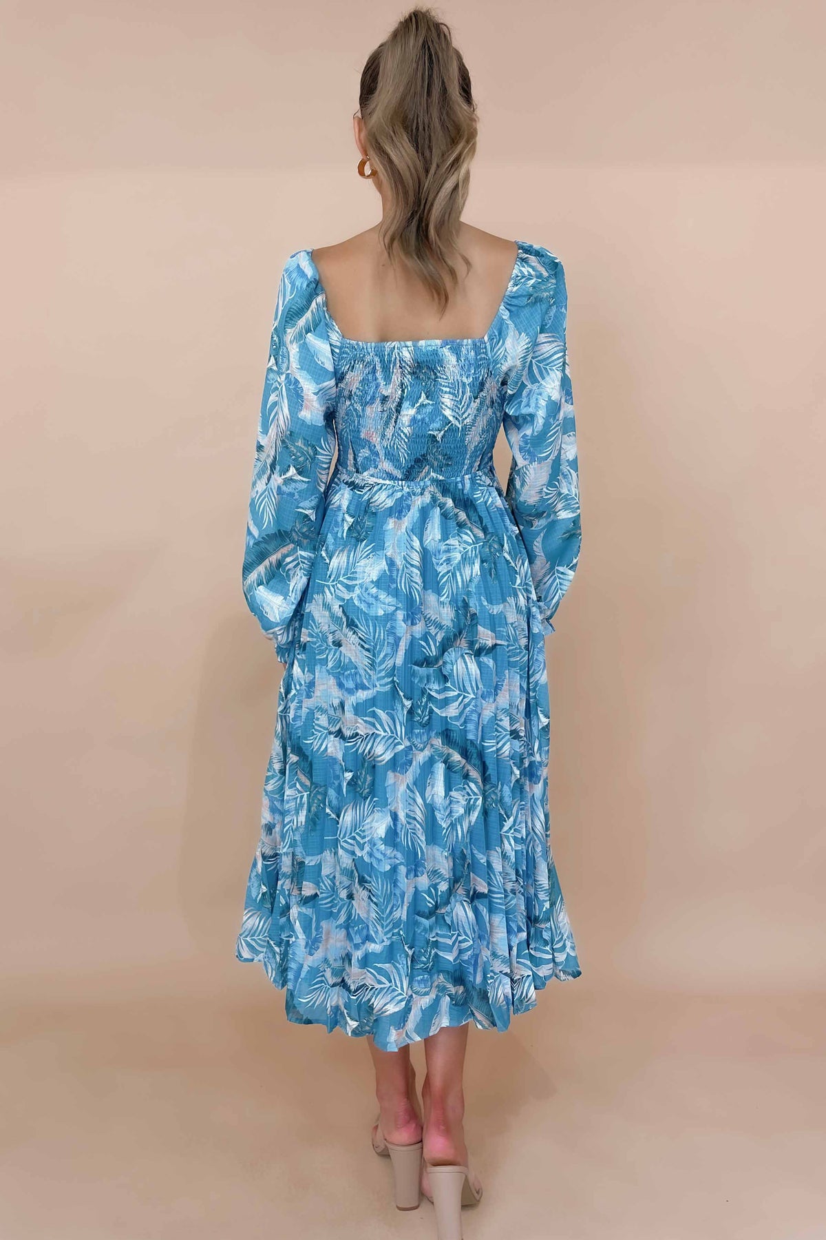 Jemmet Dress, BALLOON SLEEVE, BLUE, DRESS, DRESSES, FLORAL, FLORALS, LINEN &amp; POLYESTER, LINEN AND POLYESTER, LONG SLEEVE, MAXI DRESS, MIDI DRESS, new arrivals, OFF SHOULDER, POLYESTER AND LINEN, , -MISHKAH