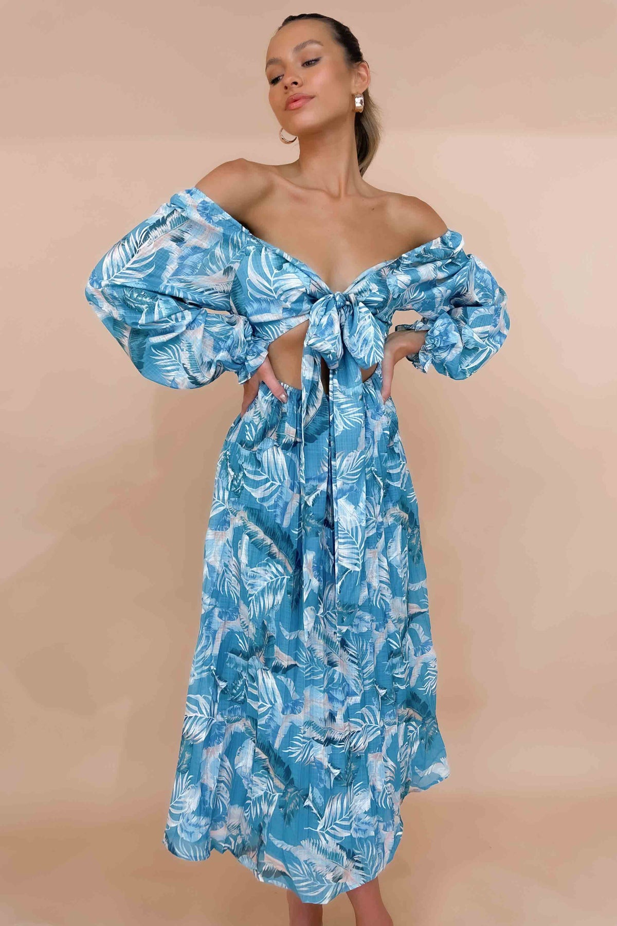 Jemmet Dress, BALLOON SLEEVE, BLUE, DRESS, DRESSES, FLORAL, FLORALS, LINEN &amp; POLYESTER, LINEN AND POLYESTER, LONG SLEEVE, MAXI DRESS, MIDI DRESS, new arrivals, OFF SHOULDER, POLYESTER AND LINEN, , -MISHKAH