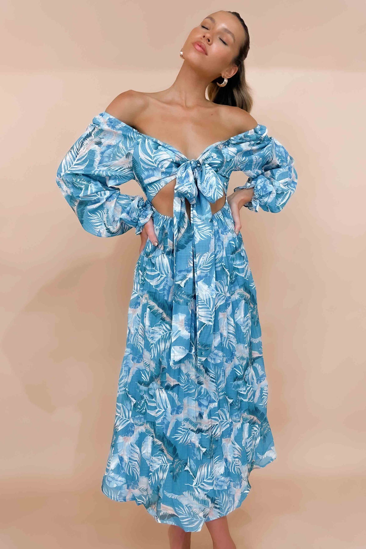 Jemmet Dress, BALLOON SLEEVE, BLUE, DRESS, DRESSES, FLORAL, FLORALS, LINEN &amp; POLYESTER, LINEN AND POLYESTER, LONG SLEEVE, MAXI DRESS, MIDI DRESS, new arrivals, OFF SHOULDER, POLYESTER AND LINEN, , -MISHKAH