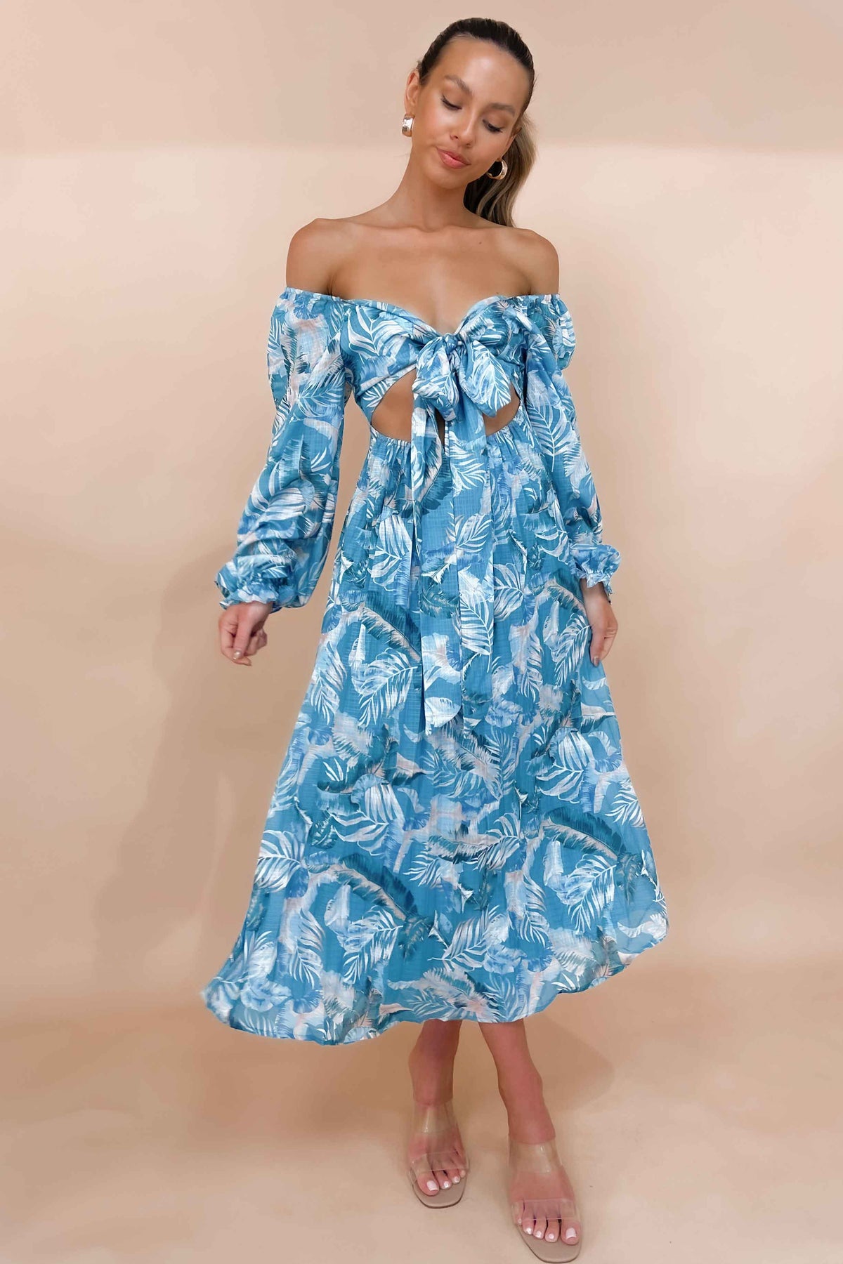 Jemmet Dress, BALLOON SLEEVE, BLUE, DRESS, DRESSES, FLORAL, FLORALS, LINEN &amp; POLYESTER, LINEN AND POLYESTER, LONG SLEEVE, MAXI DRESS, MIDI DRESS, new arrivals, OFF SHOULDER, POLYESTER AND LINEN, , -MISHKAH