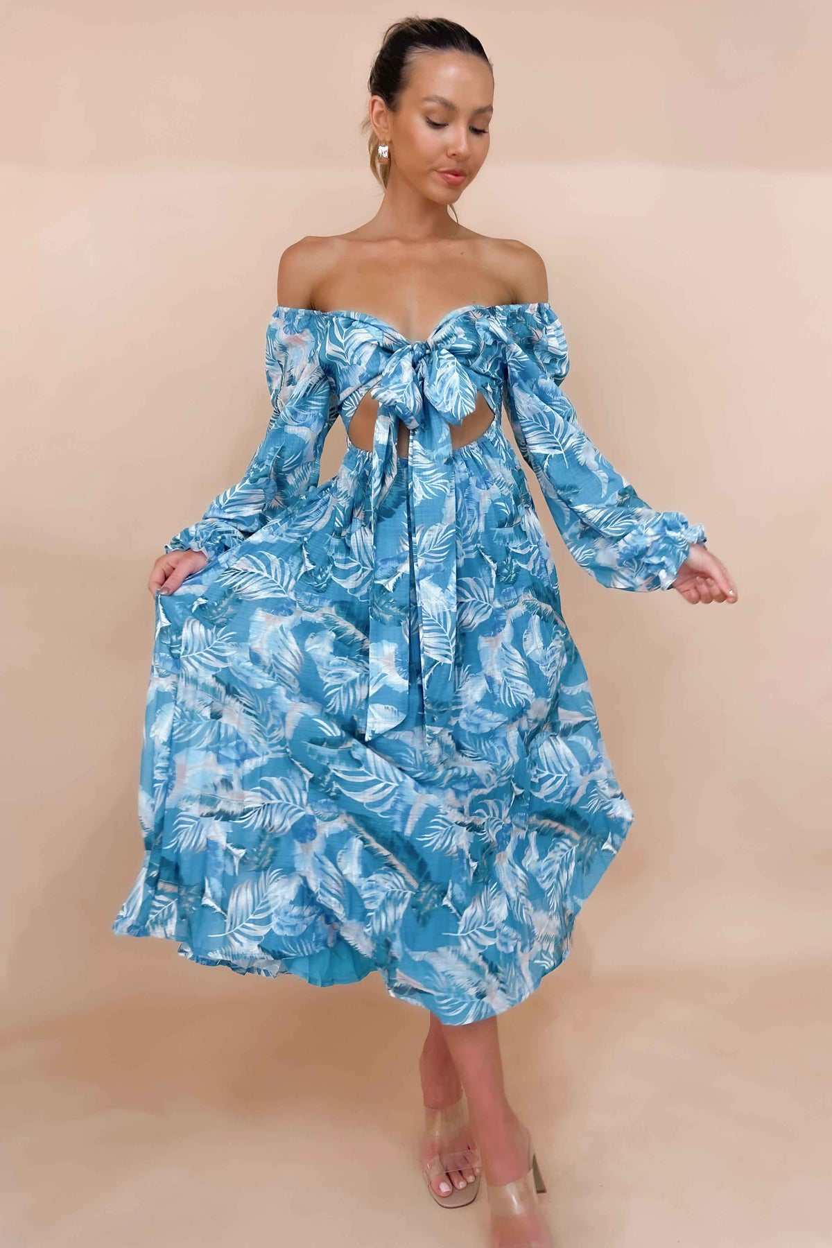 Jemmet Dress, BALLOON SLEEVE, BLUE, DRESS, DRESSES, FLORAL, FLORALS, LINEN &amp; POLYESTER, LINEN AND POLYESTER, LONG SLEEVE, MAXI DRESS, MIDI DRESS, new arrivals, OFF SHOULDER, POLYESTER AND LINEN, , -MISHKAH