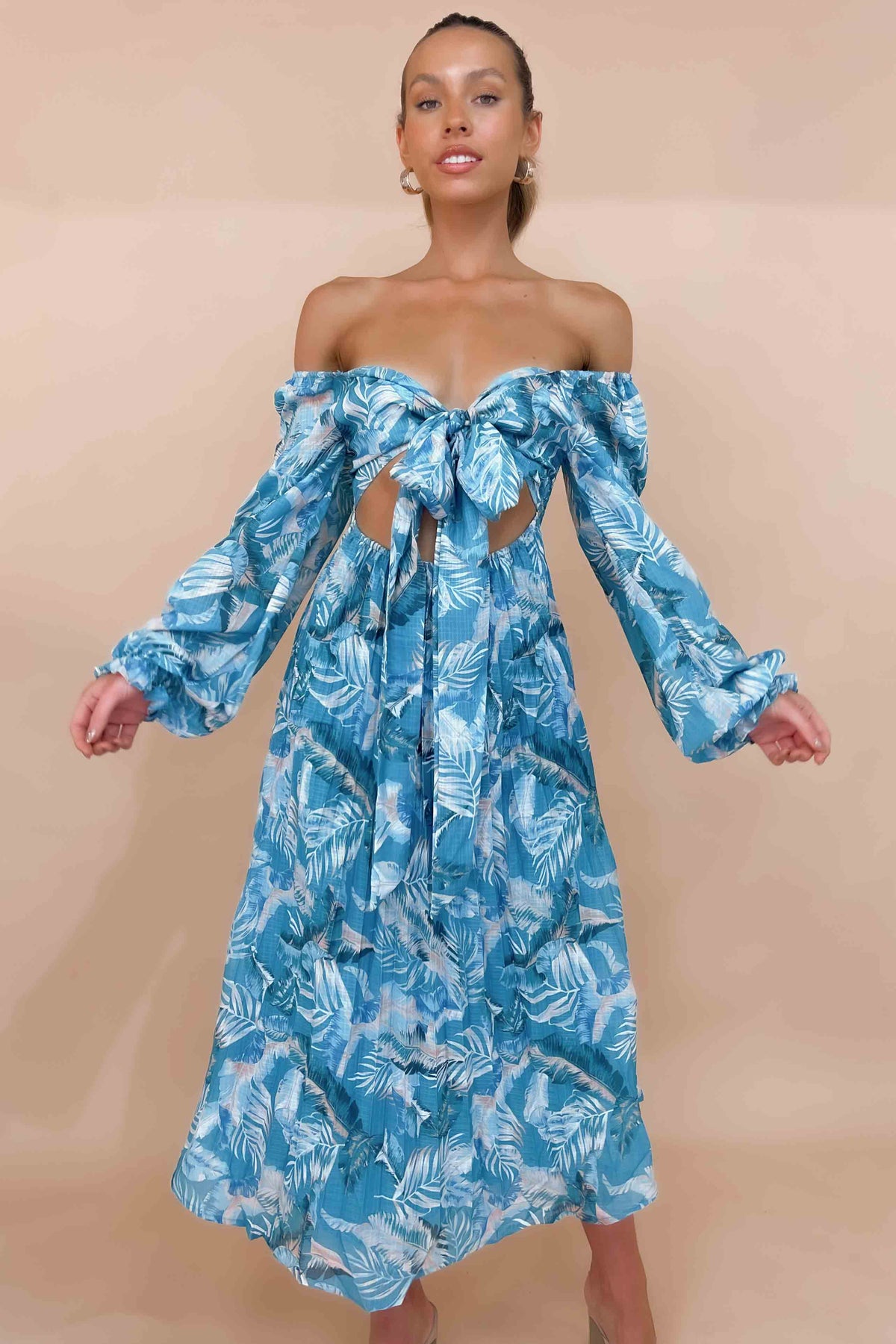 Jemmet Dress, BALLOON SLEEVE, BLUE, DRESS, DRESSES, FLORAL, FLORALS, LINEN &amp; POLYESTER, LINEN AND POLYESTER, LONG SLEEVE, MAXI DRESS, MIDI DRESS, new arrivals, OFF SHOULDER, POLYESTER AND LINEN, , -MISHKAH