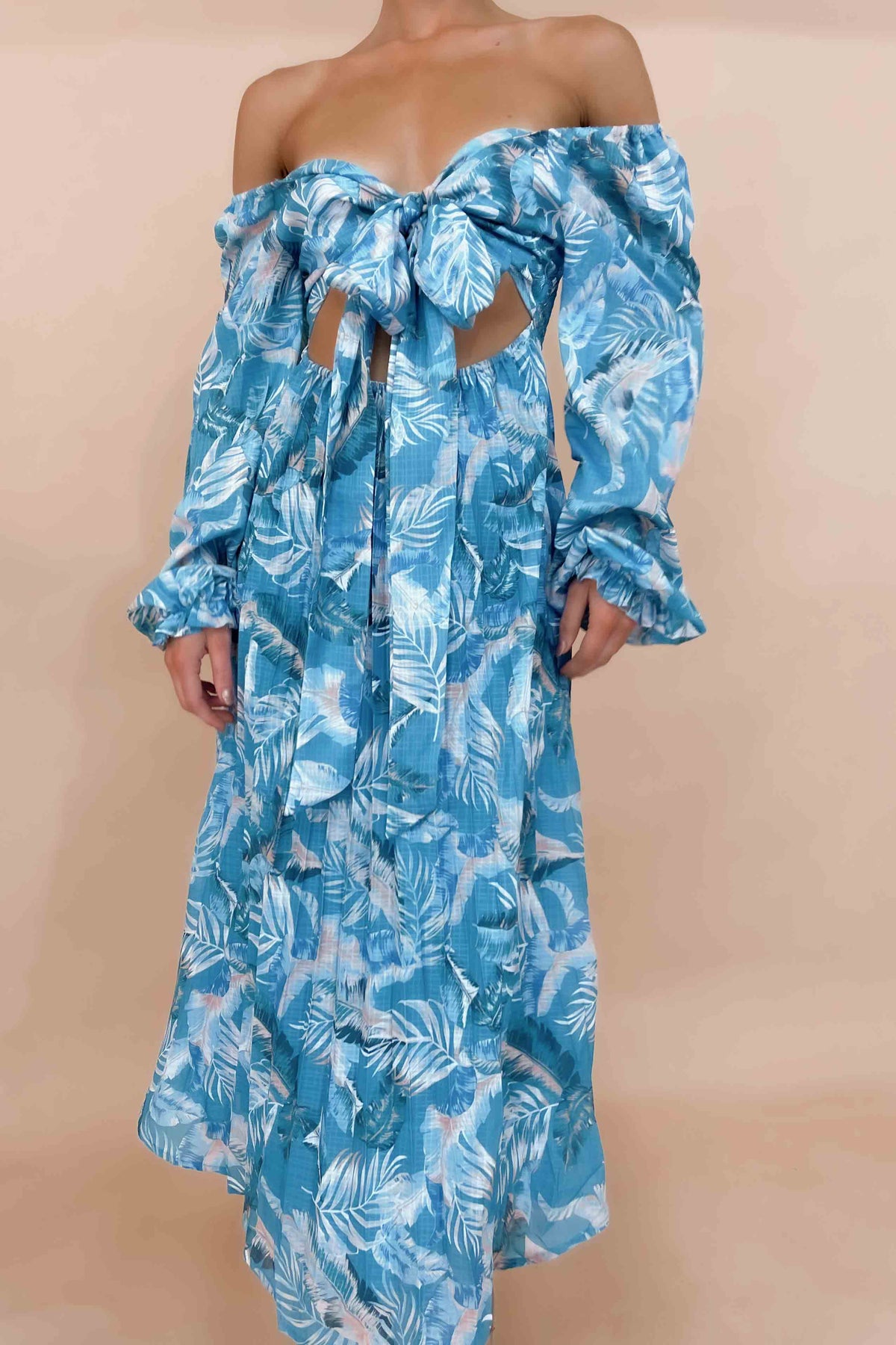 Jemmet Dress, BALLOON SLEEVE, BLUE, DRESS, DRESSES, FLORAL, FLORALS, LINEN &amp; POLYESTER, LINEN AND POLYESTER, LONG SLEEVE, MAXI DRESS, MIDI DRESS, new arrivals, OFF SHOULDER, POLYESTER AND LINEN, , -MISHKAH