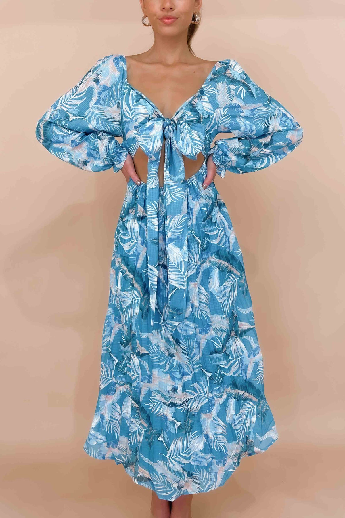 Jemmet Dress, BALLOON SLEEVE, BLUE, DRESS, DRESSES, FLORAL, FLORALS, LINEN &amp; POLYESTER, LINEN AND POLYESTER, LONG SLEEVE, MAXI DRESS, MIDI DRESS, new arrivals, OFF SHOULDER, POLYESTER AND LINEN, , -MISHKAH