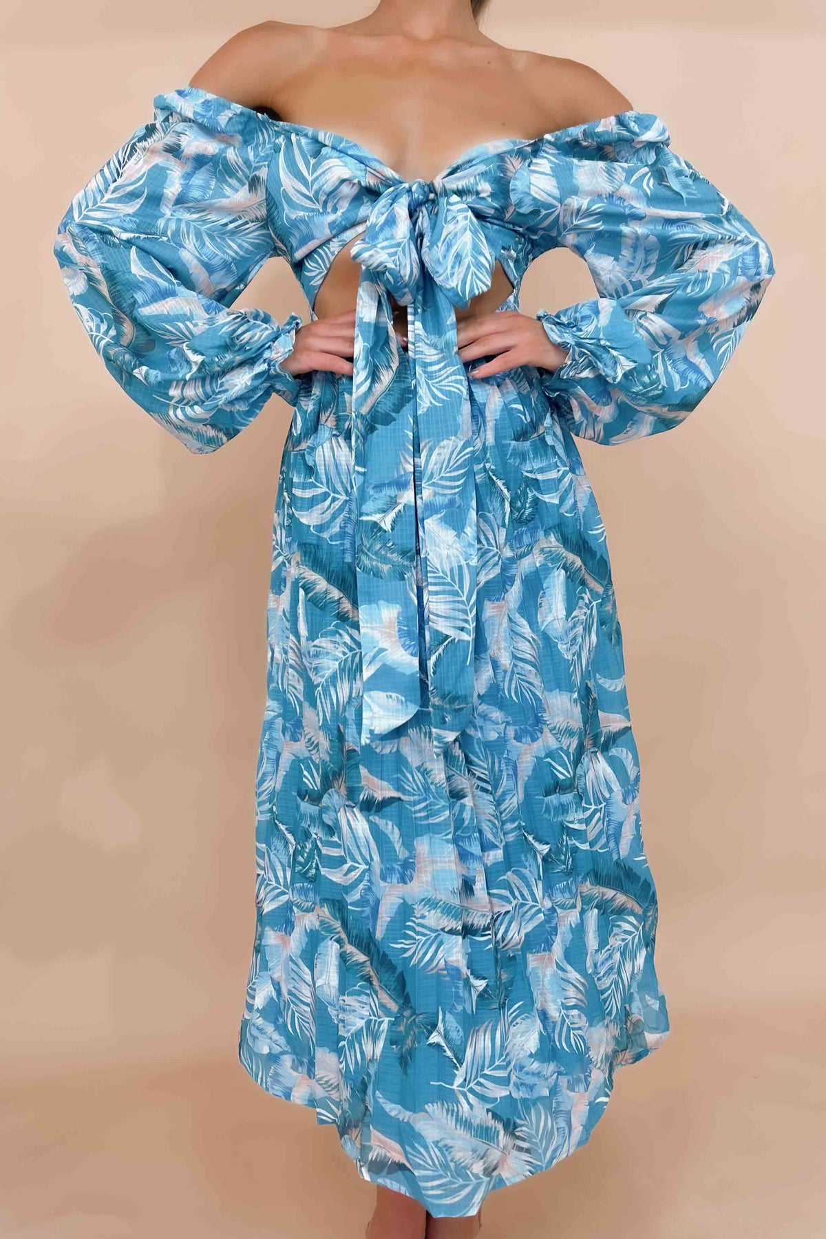 Jemmet Dress, BALLOON SLEEVE, BLUE, DRESS, DRESSES, FLORAL, FLORALS, LINEN &amp; POLYESTER, LINEN AND POLYESTER, LONG SLEEVE, MAXI DRESS, MIDI DRESS, new arrivals, OFF SHOULDER, POLYESTER AND LINEN, , -MISHKAH