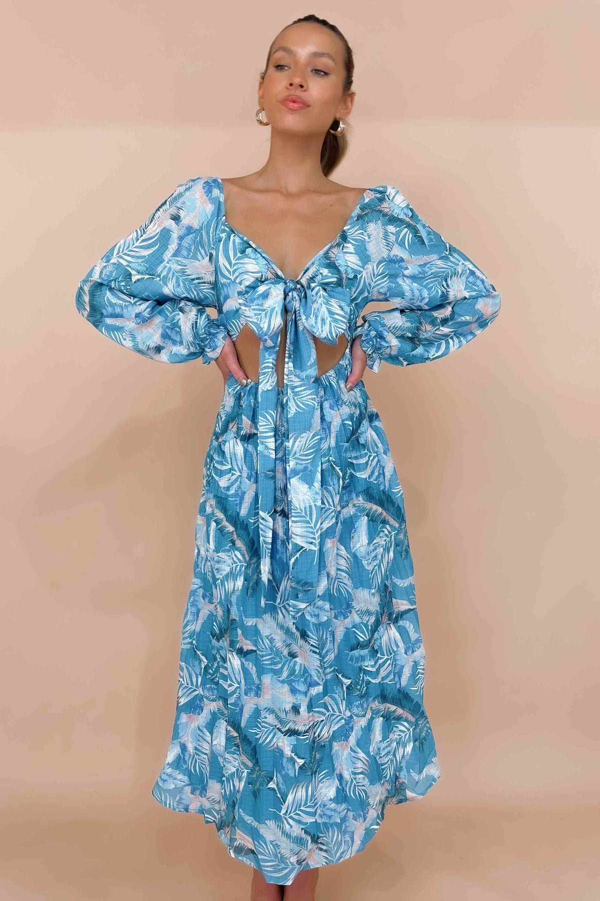 Jemmet Dress, BALLOON SLEEVE, BLUE, DRESS, DRESSES, FLORAL, FLORALS, LINEN &amp; POLYESTER, LINEN AND POLYESTER, LONG SLEEVE, MAXI DRESS, MIDI DRESS, new arrivals, OFF SHOULDER, POLYESTER AND LINEN, , -MISHKAH