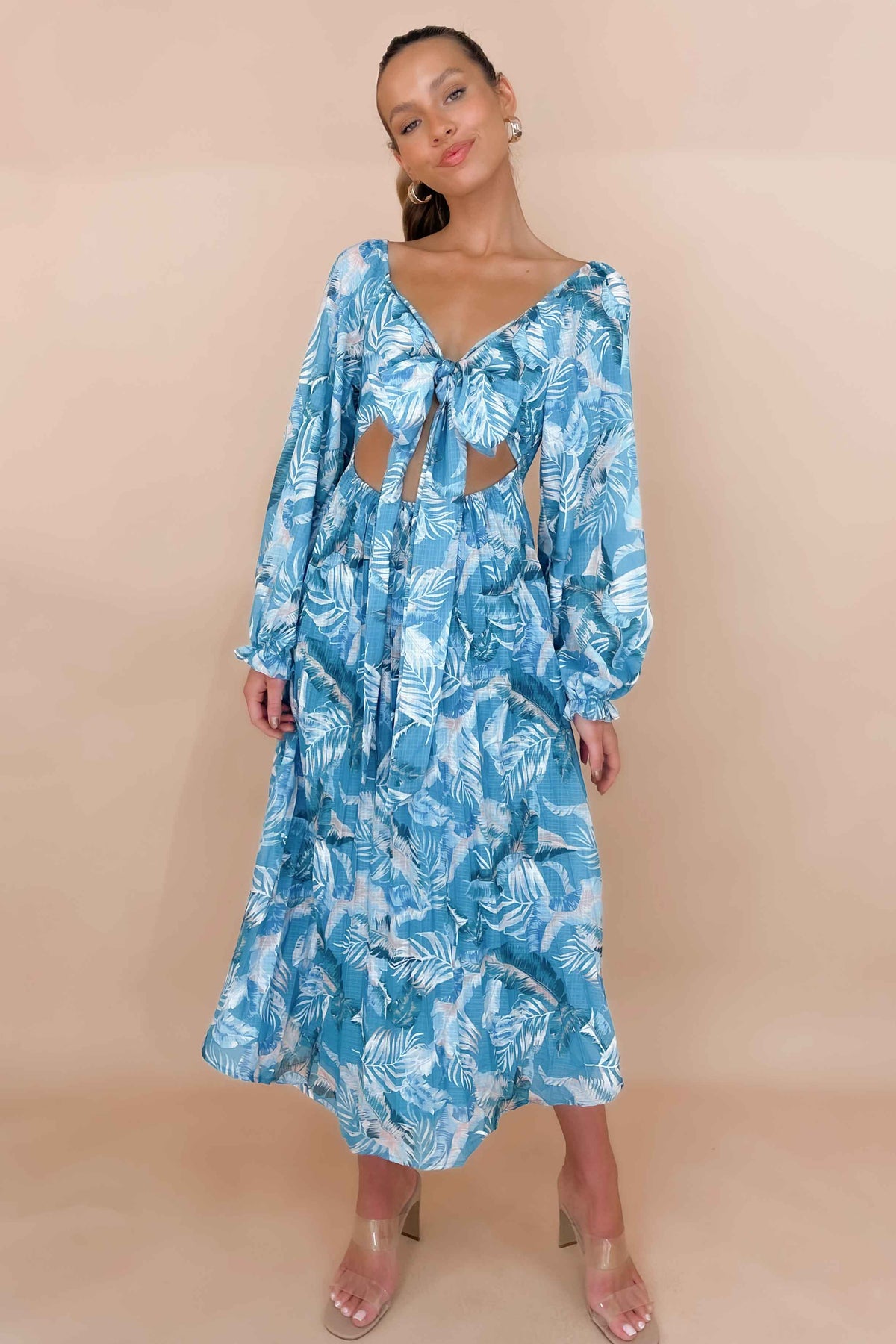 Jemmet Dress, BALLOON SLEEVE, BLUE, DRESS, DRESSES, FLORAL, FLORALS, LINEN &amp; POLYESTER, LINEN AND POLYESTER, LONG SLEEVE, MAXI DRESS, MIDI DRESS, new arrivals, OFF SHOULDER, POLYESTER AND LINEN, , -MISHKAH