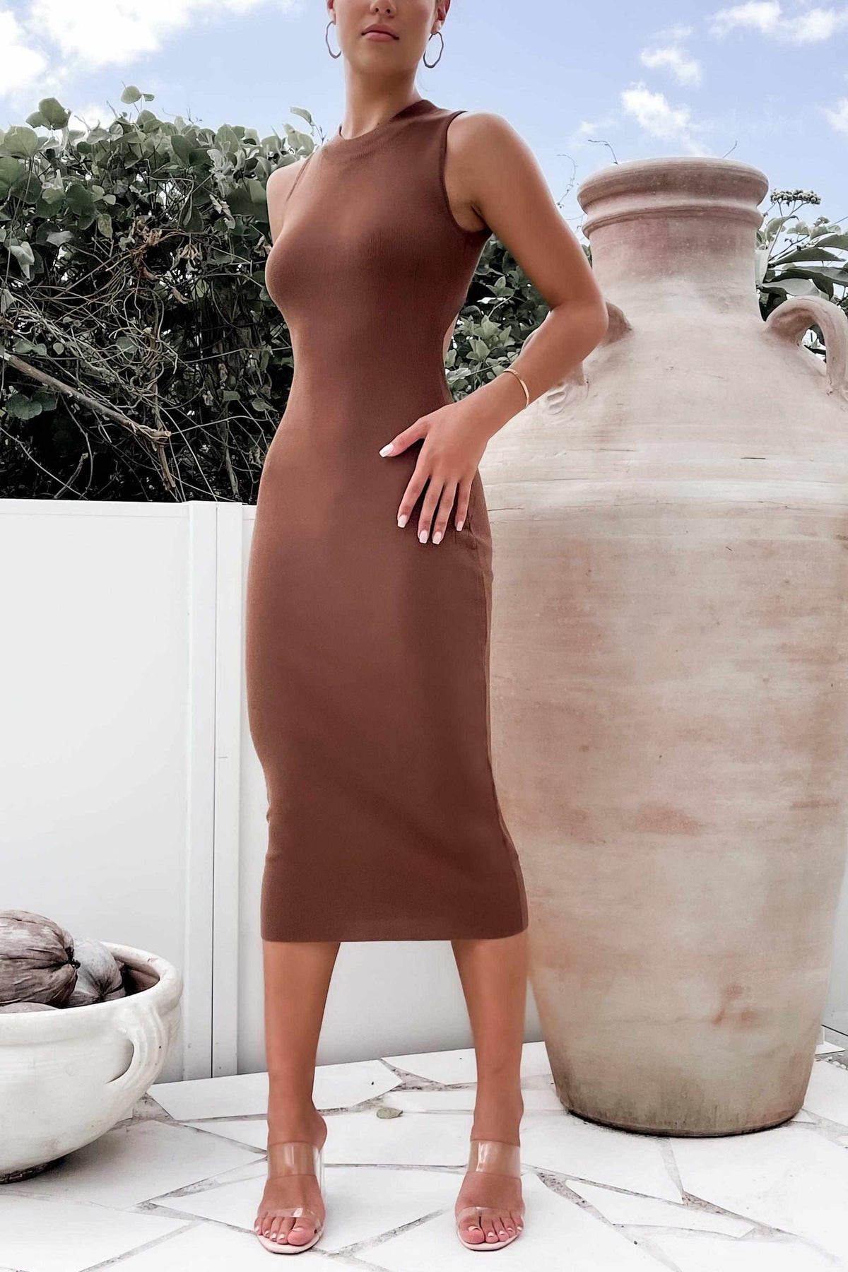 Joana Dress, BASICS, BODYCON, BROWN, DRESS, DRESSES, HIGH NECK, MIDI DRESS, NYLON, OPEN BACK, RIBBED, SALE, VISCOSE, Joana Dress only $66.00 @ MISHKAH ONLINE FASHION BOUTIQUE, Shop The Latest Women&#39;s Dresses - Our New Joana Dress is only $66.00, @ MISHKAH ONLINE FASHION BOUTIQUE-MISHKAH