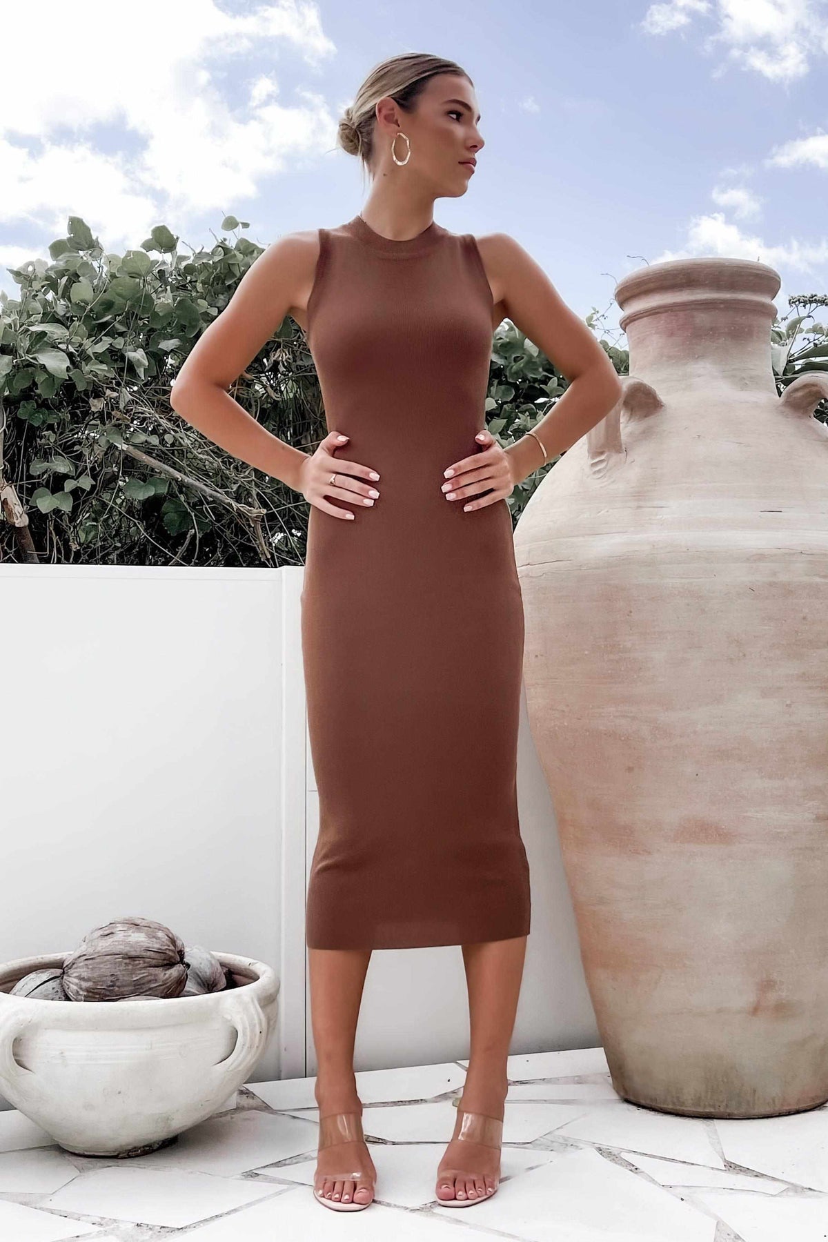 Joana Dress, BASICS, BODYCON, BROWN, DRESS, DRESSES, HIGH NECK, MIDI DRESS, NYLON, OPEN BACK, RIBBED, SALE, VISCOSE, Joana Dress only $66.00 @ MISHKAH ONLINE FASHION BOUTIQUE, Shop The Latest Women&#39;s Dresses - Our New Joana Dress is only $66.00, @ MISHKAH ONLINE FASHION BOUTIQUE-MISHKAH