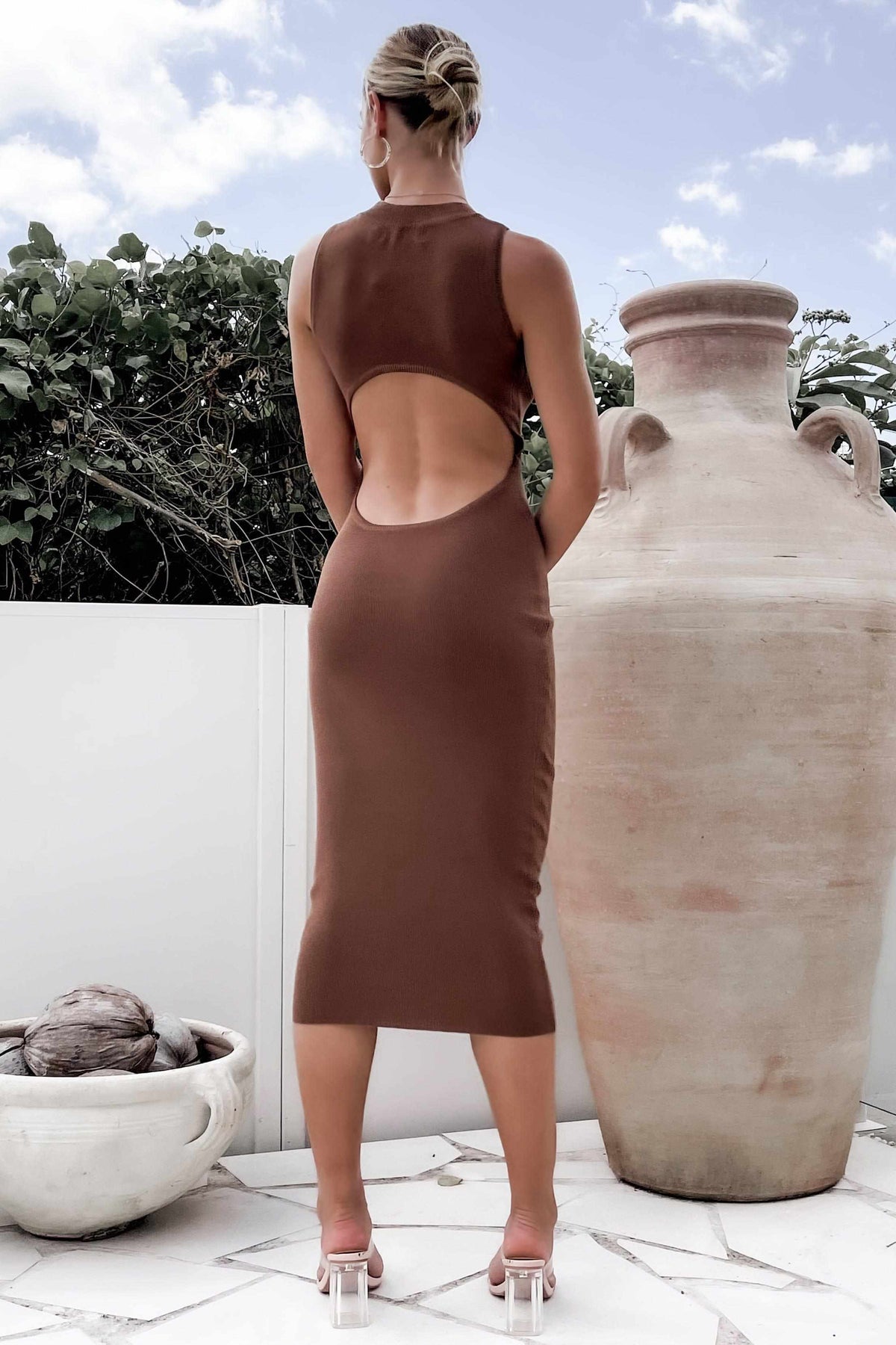 Joana Dress, BASICS, BODYCON, BROWN, DRESS, DRESSES, HIGH NECK, MIDI DRESS, NYLON, OPEN BACK, RIBBED, SALE, VISCOSE, Joana Dress only $66.00 @ MISHKAH ONLINE FASHION BOUTIQUE, Shop The Latest Women&#39;s Dresses - Our New Joana Dress is only $66.00, @ MISHKAH ONLINE FASHION BOUTIQUE-MISHKAH